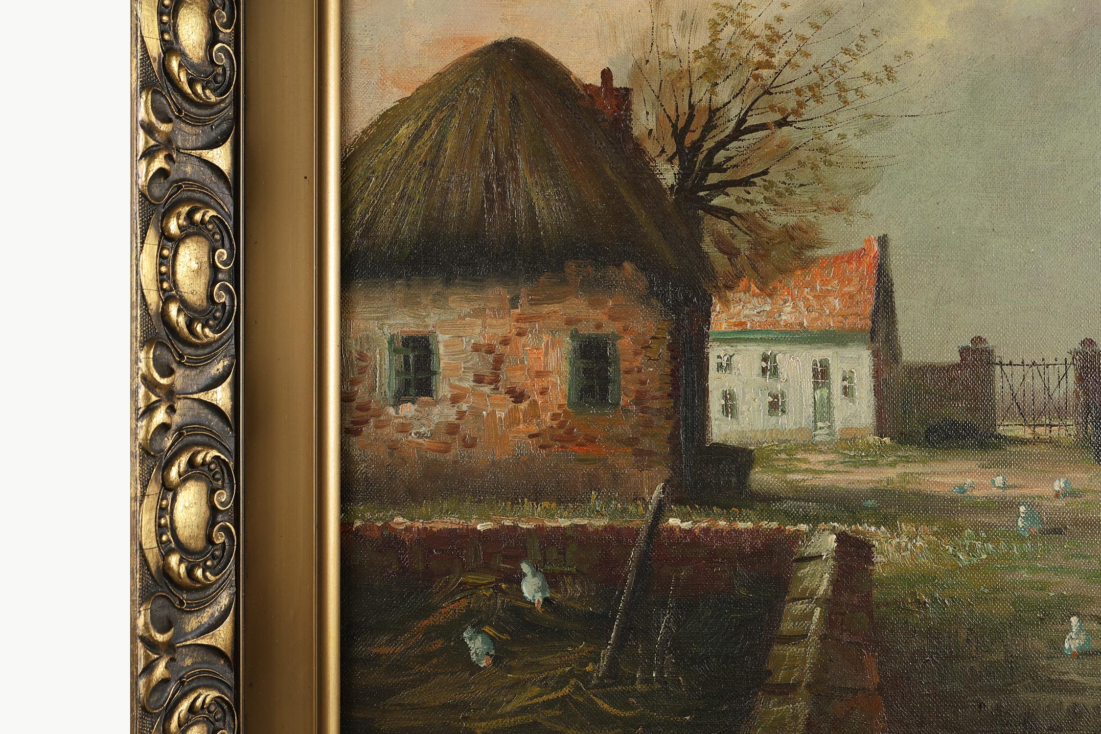 Francese Quadro di una fattoria con cornice in legno dorato, Francia, 1920 ca. 1920 in vendita
