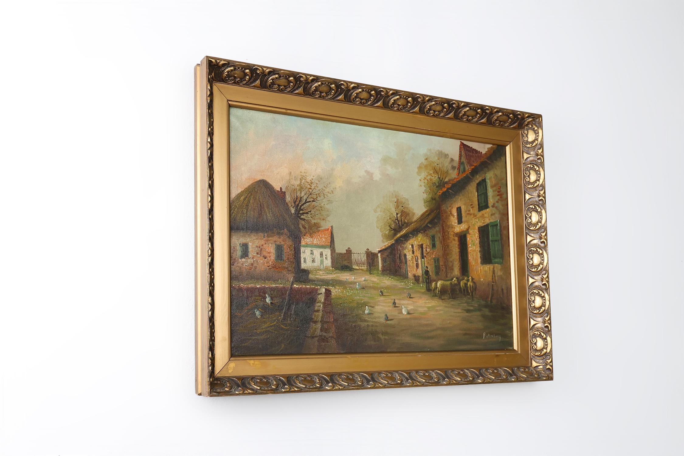 Inizio XX secolo Quadro di una fattoria con cornice in legno dorato, Francia, 1920 ca. 1920 in vendita