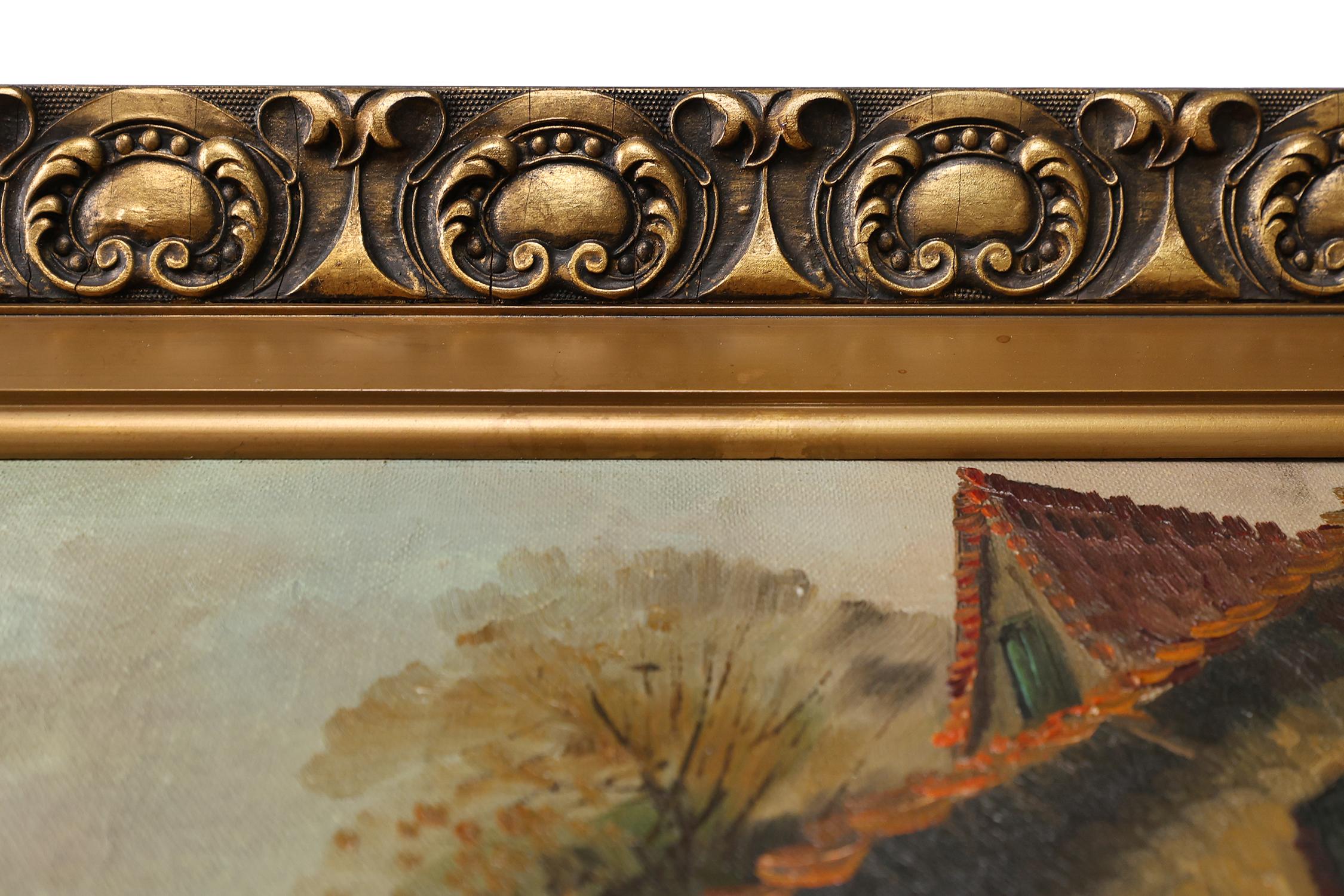 Tela Quadro di una fattoria con cornice in legno dorato, Francia, 1920 ca. 1920 in vendita