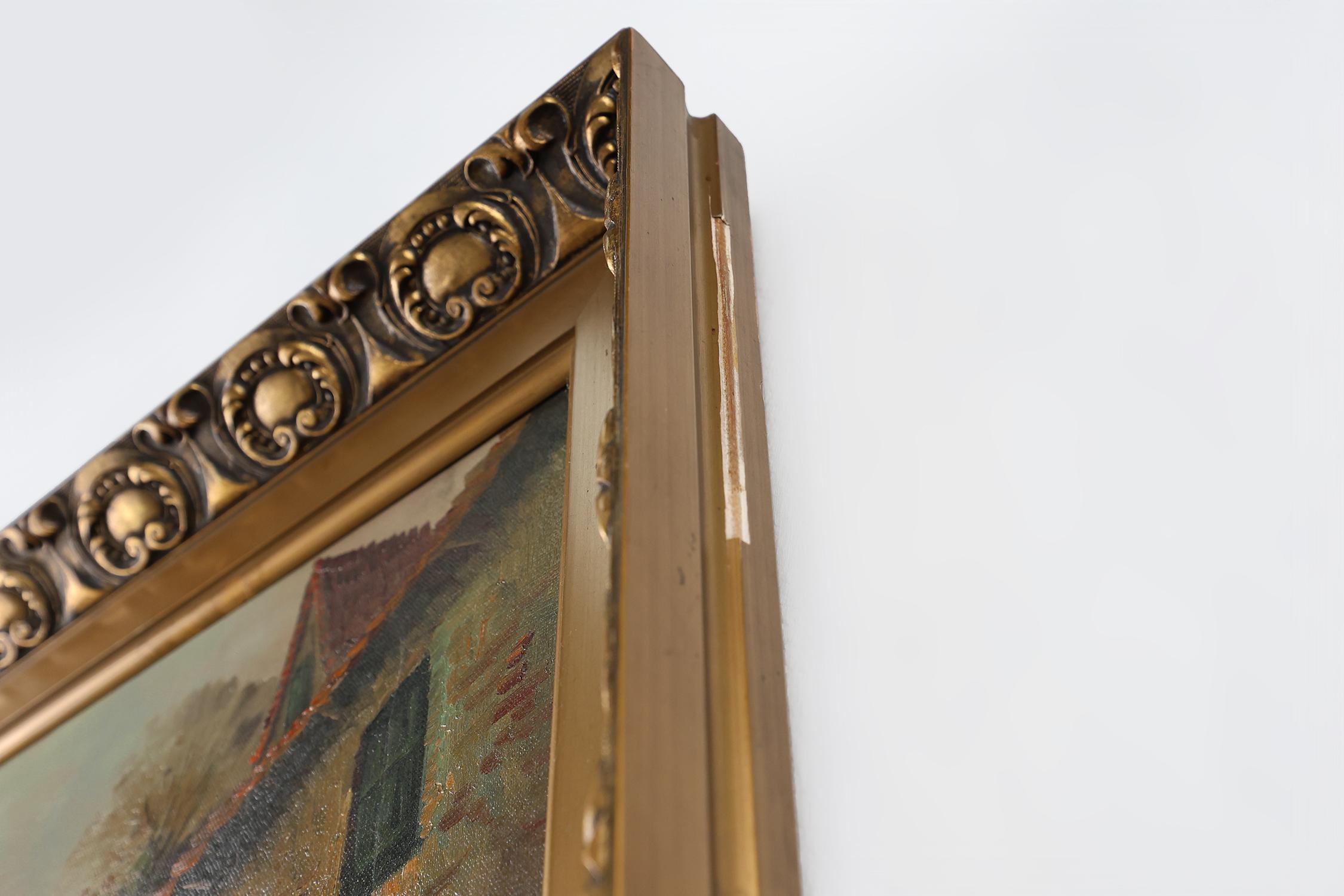 Quadro di una fattoria con cornice in legno dorato, Francia, 1920 ca. 1920 in vendita 1