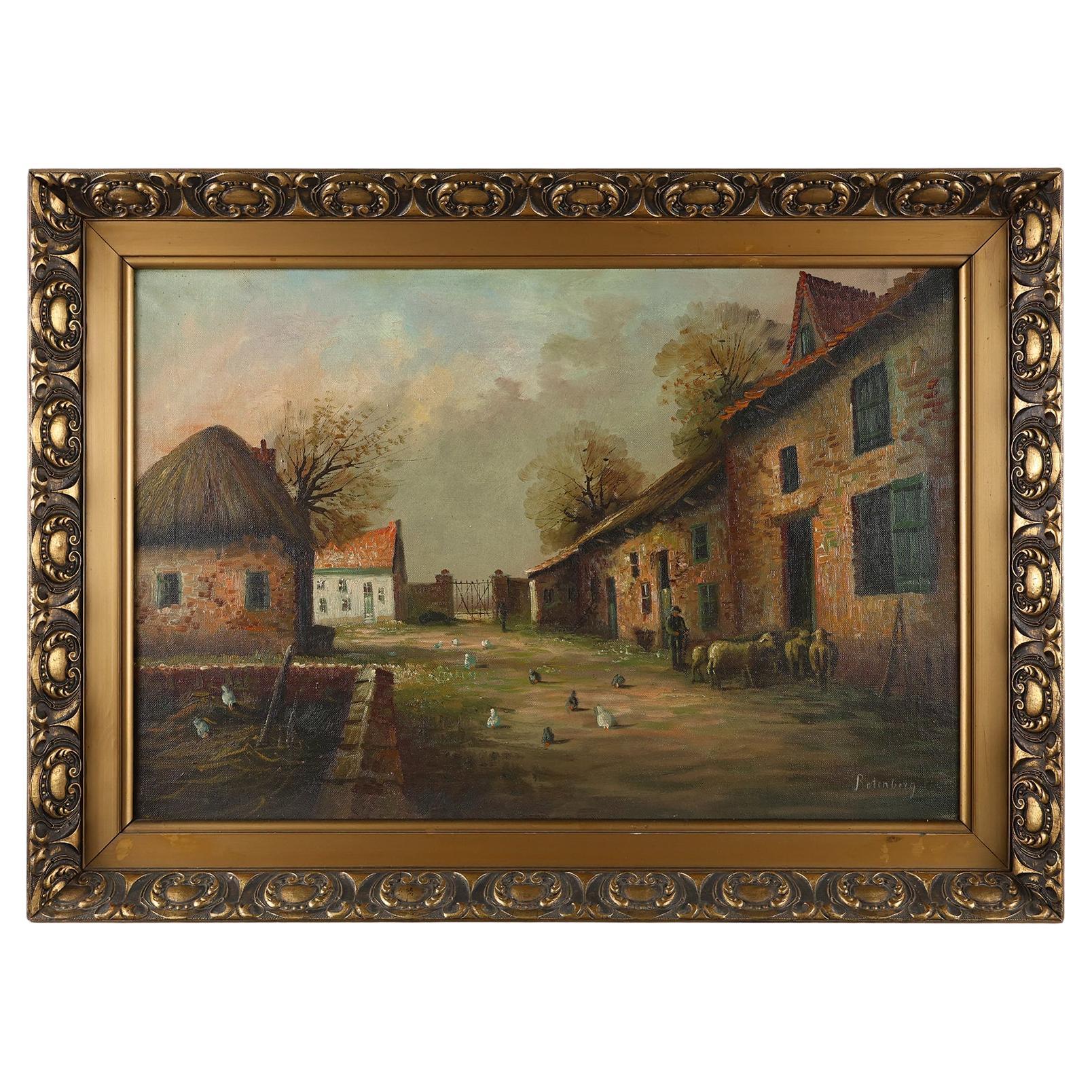 Quadro di una fattoria con cornice in legno dorato, Francia, 1920 ca. 1920 in vendita