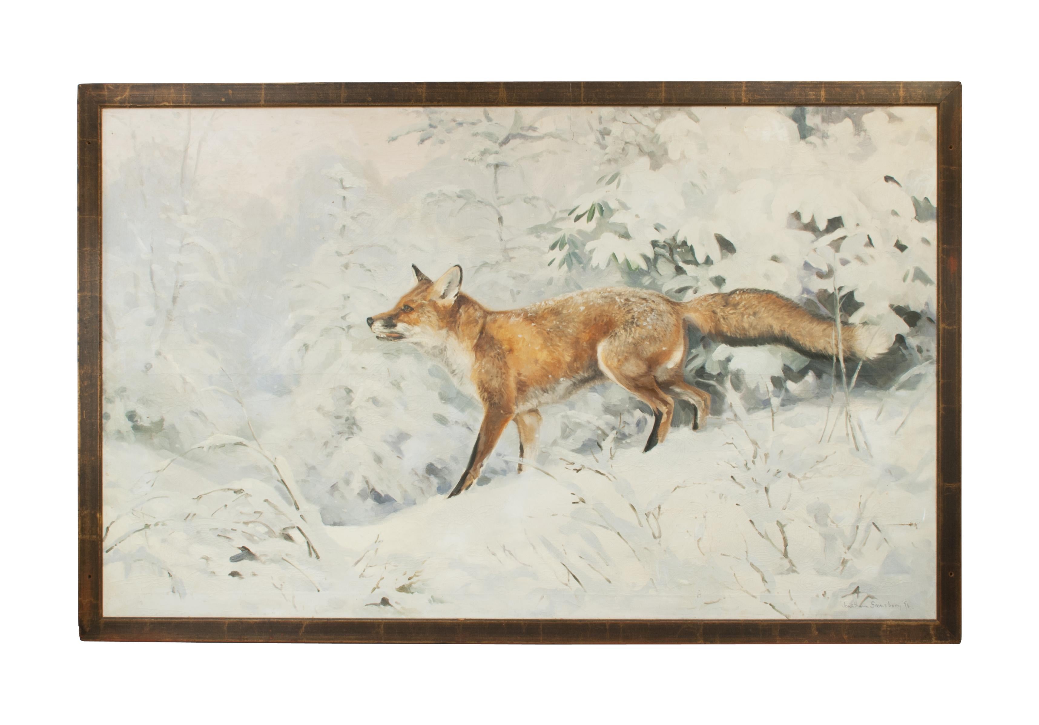 Large fox painting, oil on canvas by Jonathan Sainsbury.
A very large oil on canvas of a fox in a winter snowy landscape by Jonathan Sainsbury. Signed and dated by the artist 'Jonathan Sainsbury 94'. Jonathan has been painting Nature all his