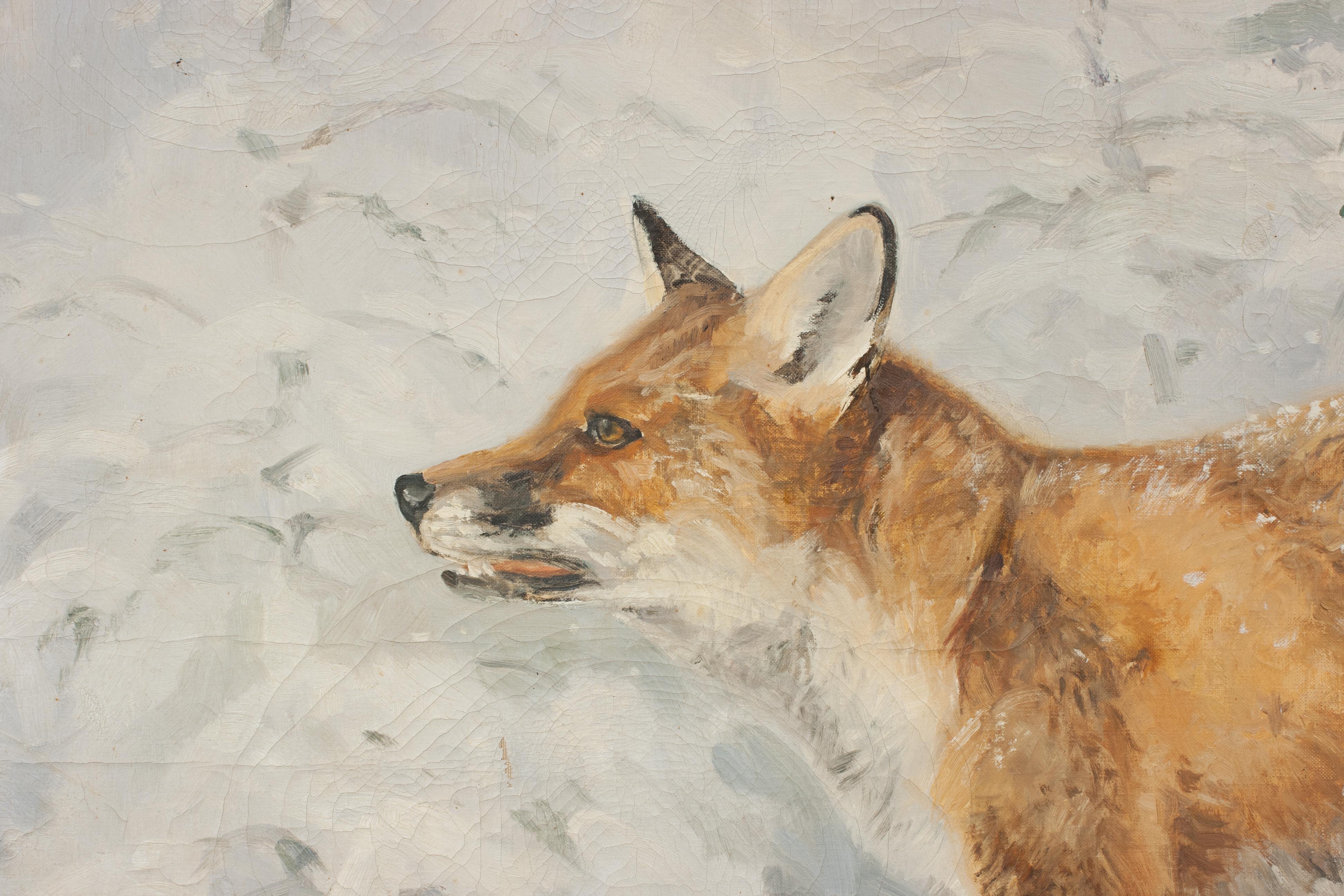 British Painting of a Fox in Winter Landscape by Jonathan Sainsbury