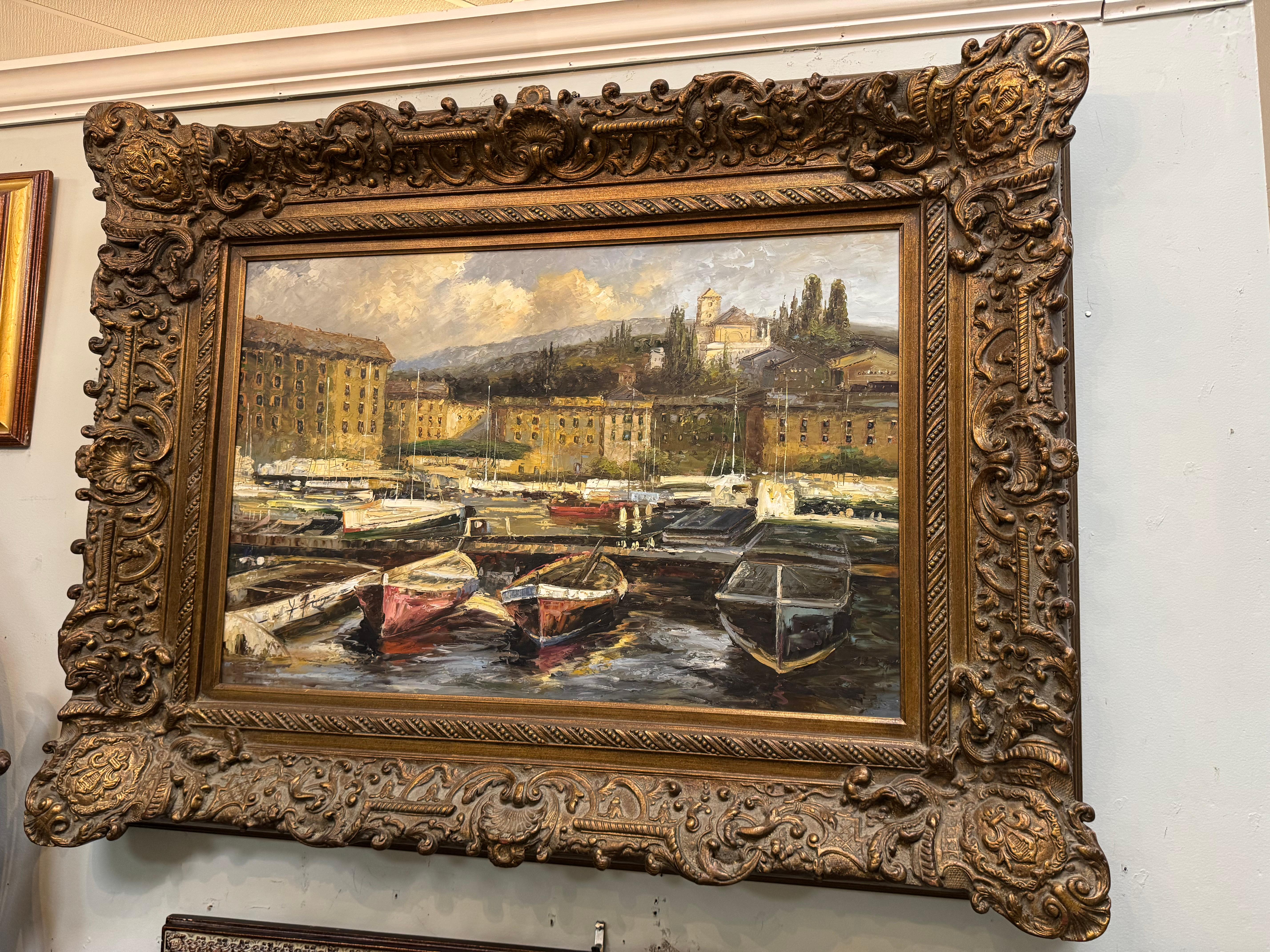Painting of a harbor scene inspired by Hans Weisner art work im Angebot 6