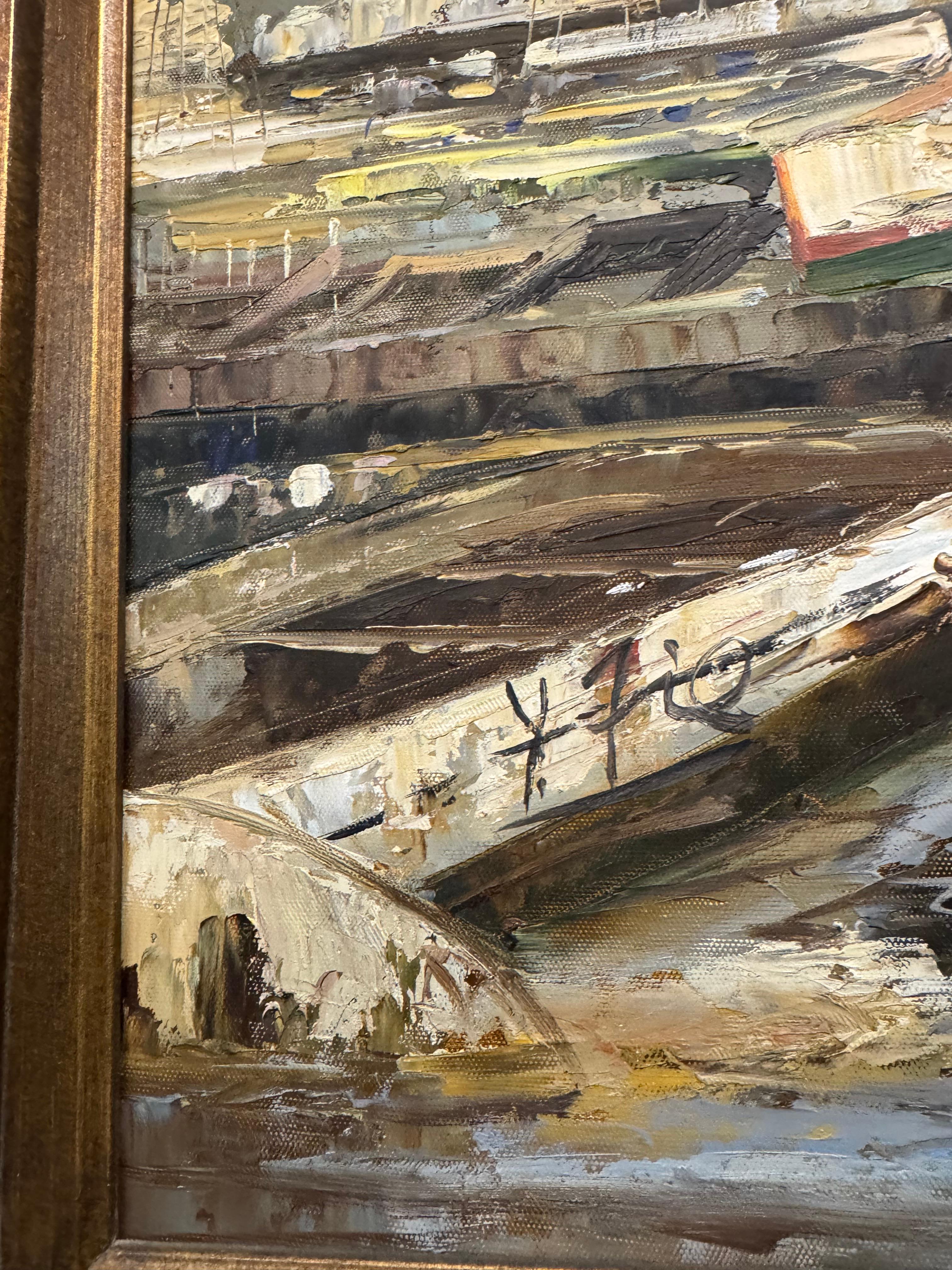 Painting of a harbor scene inspired by Hans Weisner art work (Leinwand) im Angebot
