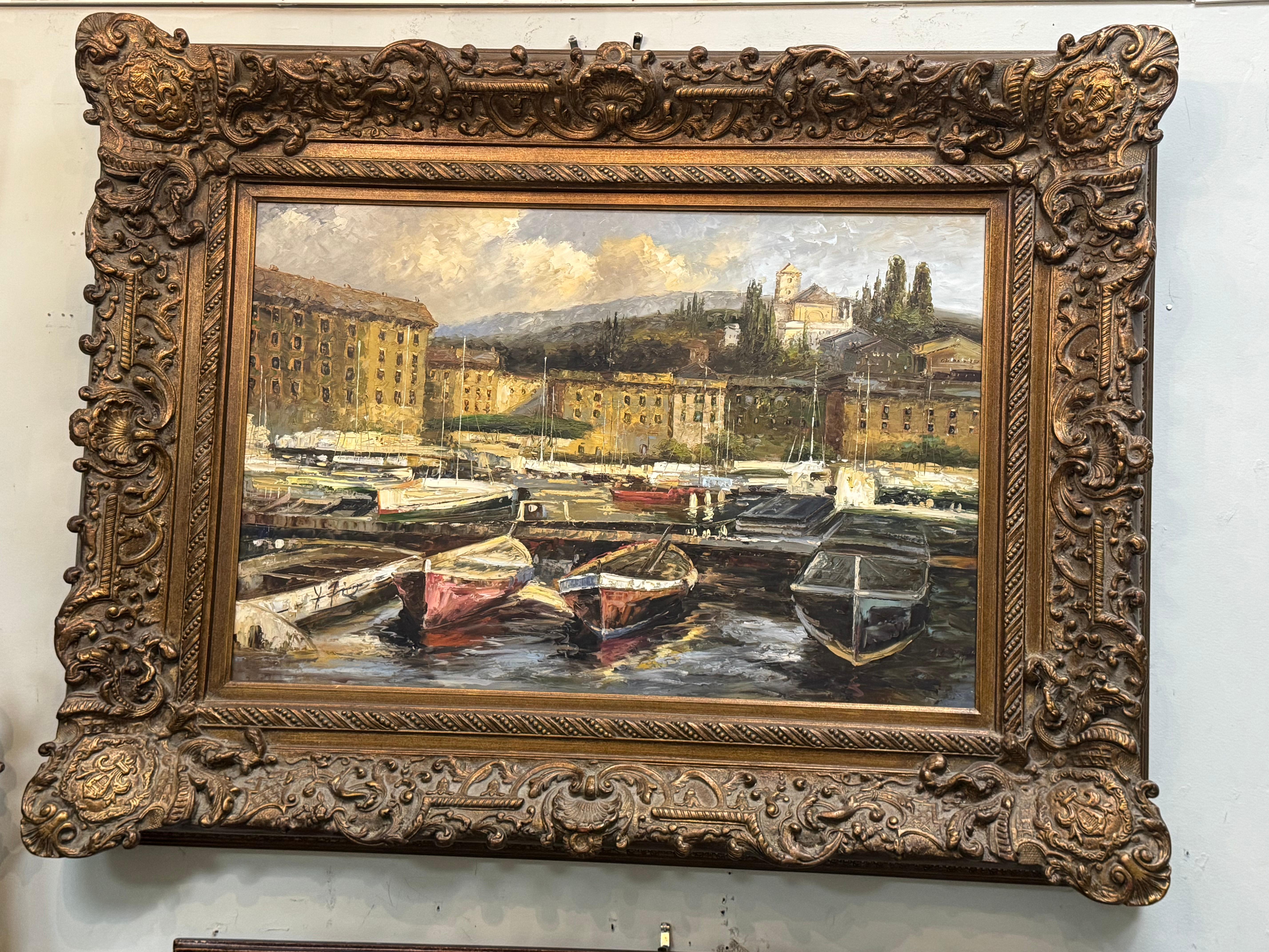 Painting of a harbor scene inspired by Hans Weisner art work im Angebot 2