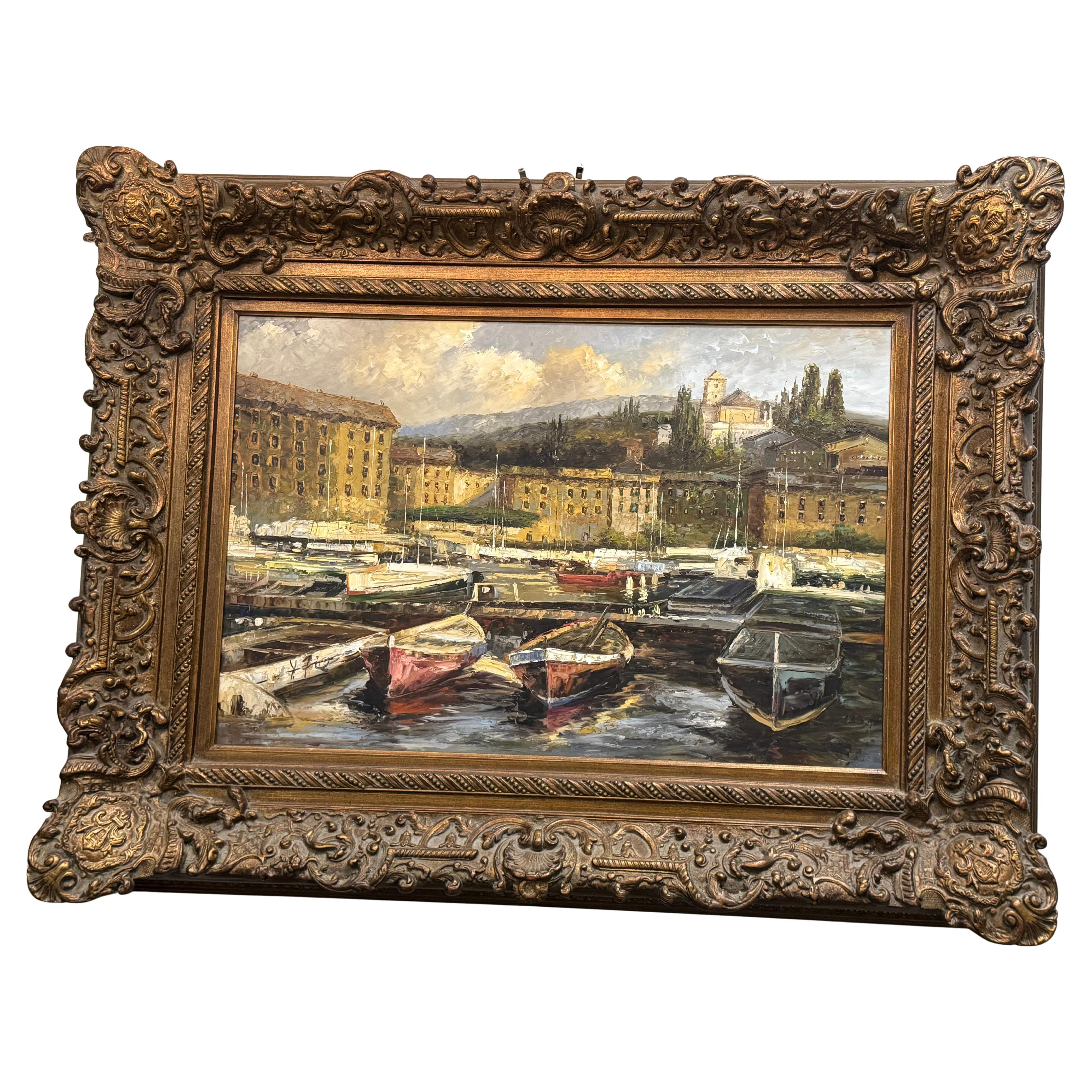 Painting of a harbor scene inspired by Hans Weisner art work