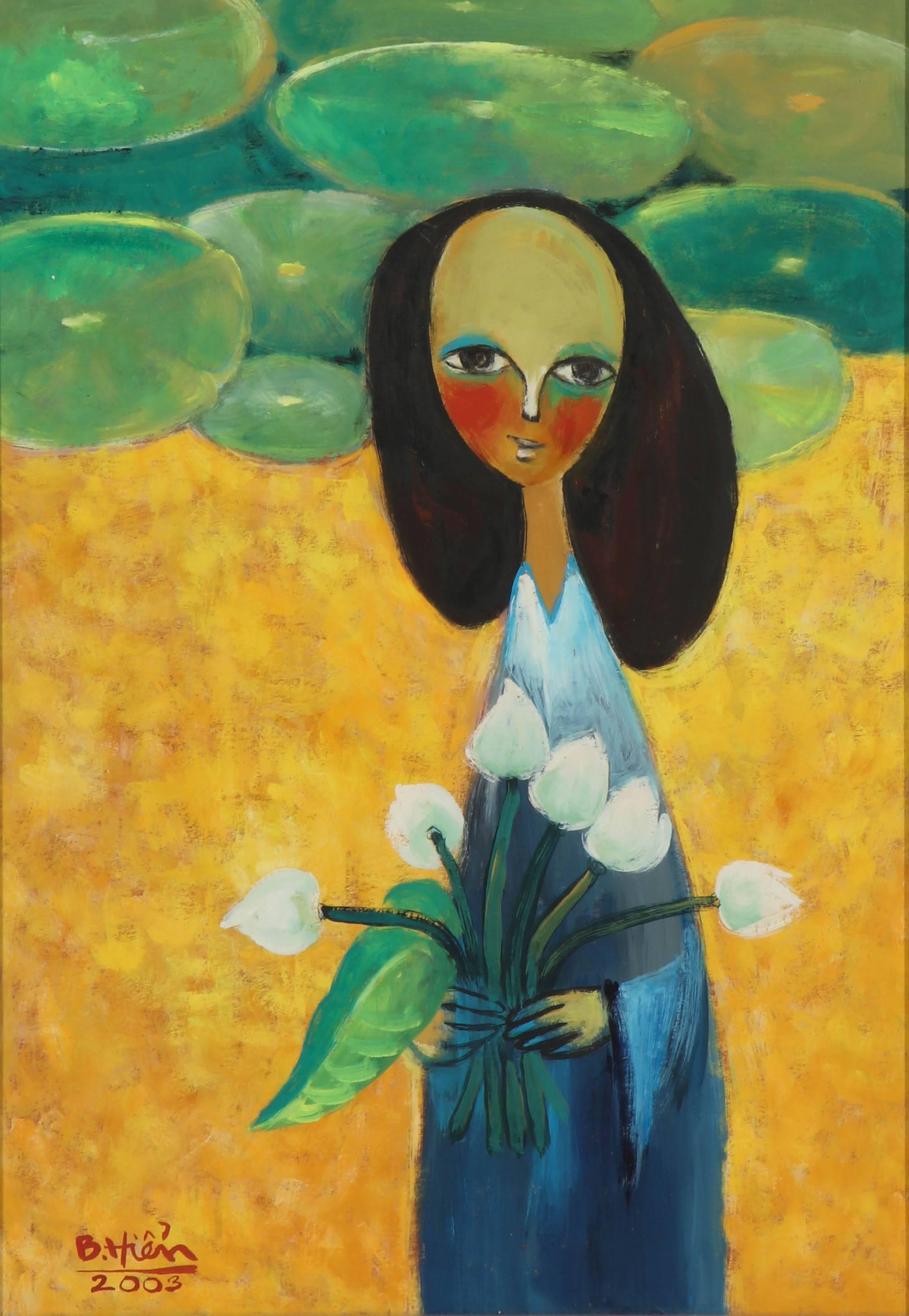 Lady with water lilies. Contemporary painting by an artist from Hanoi, Viet Nam, 2003. Singed painting by Bitten. The painting comes with a beautiful silver frame.