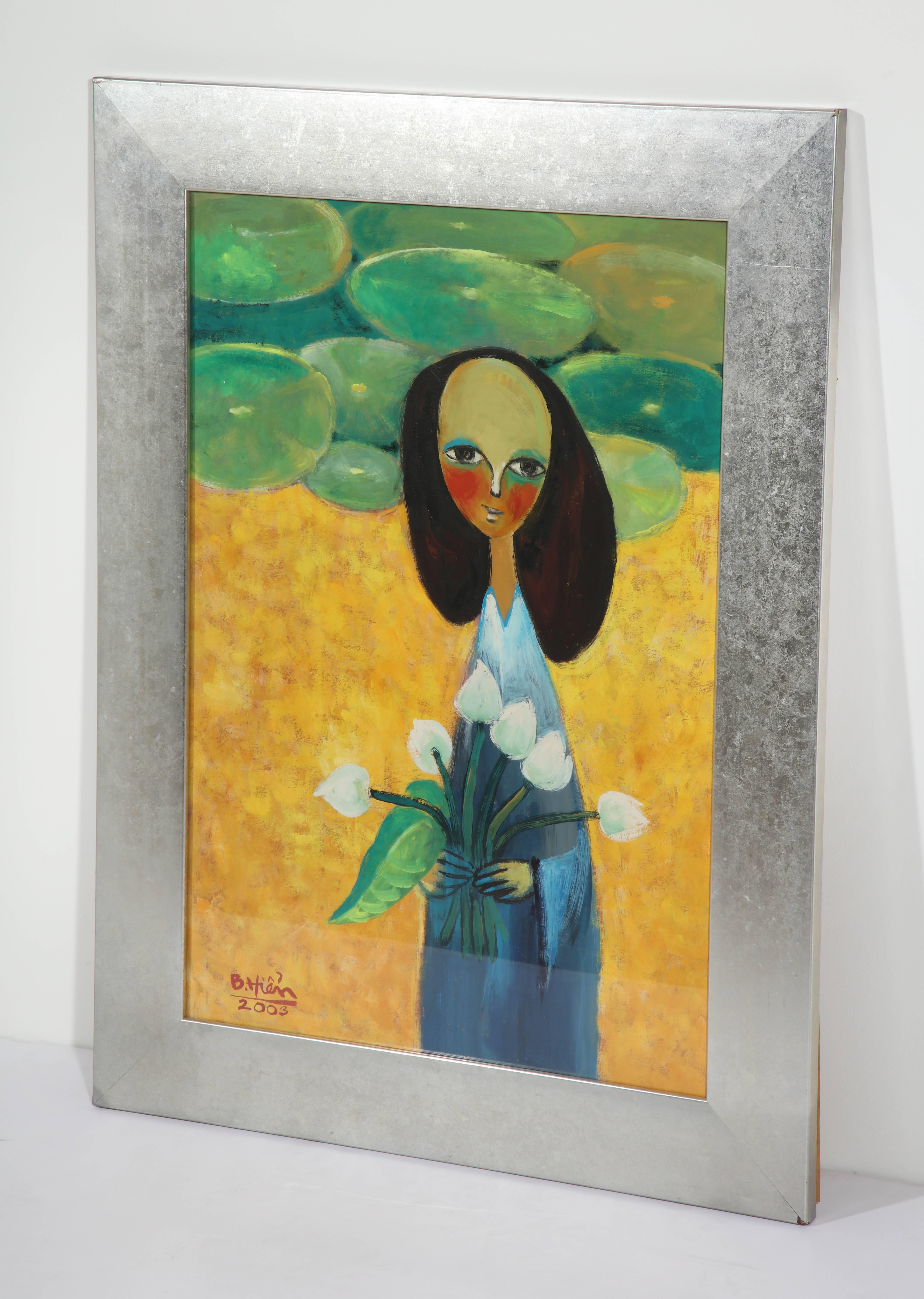 Hand-Painted Painting of a Lady with Flowers, Green, Yellow and Blue, On Paper, Hanoi Artist For Sale