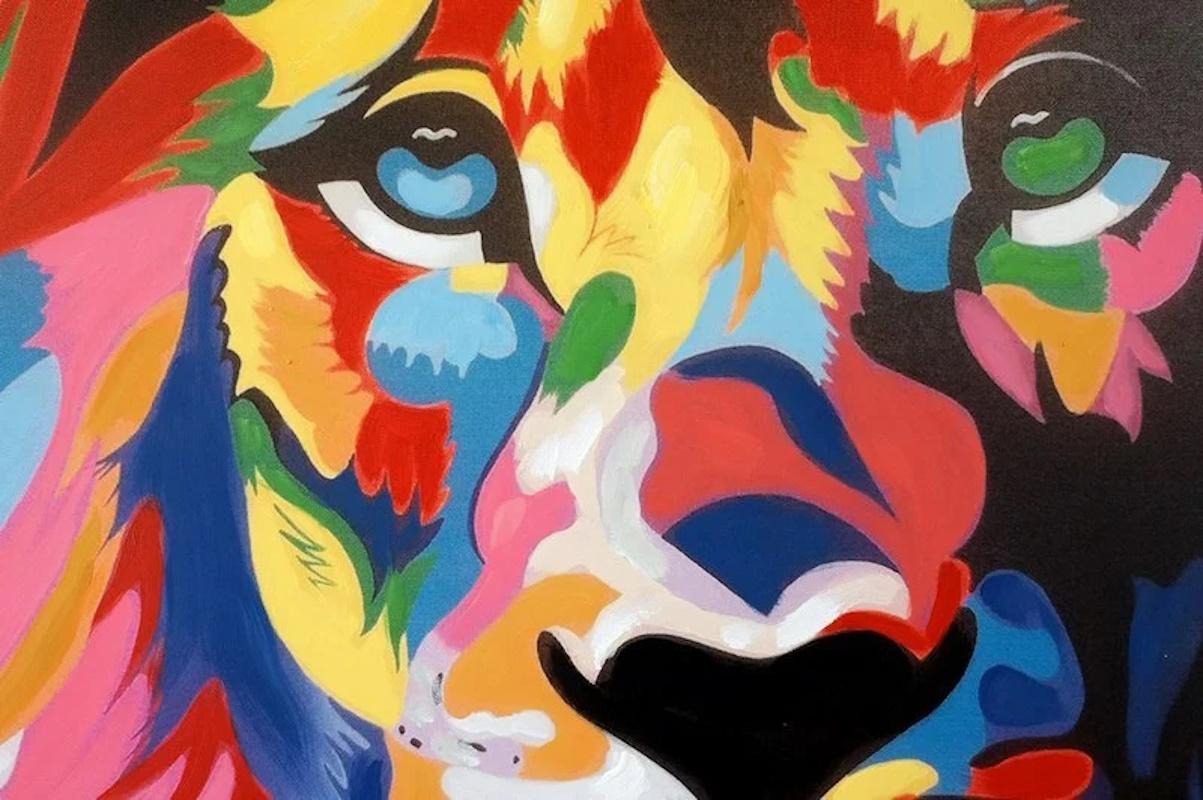 Modern Painting of a Lion, Acrylic Paint, XXIst Century. For Sale