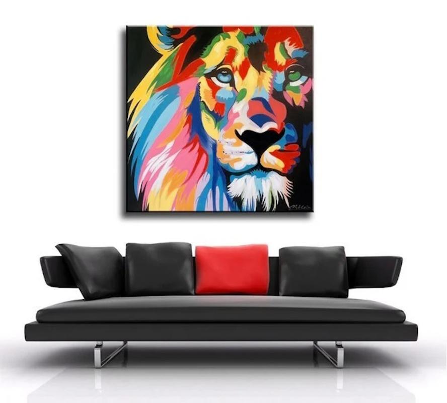 Painting of a Lion, Acrylic Paint, XXIst Century. In Good Condition For Sale In Saint-Ouen, FR
