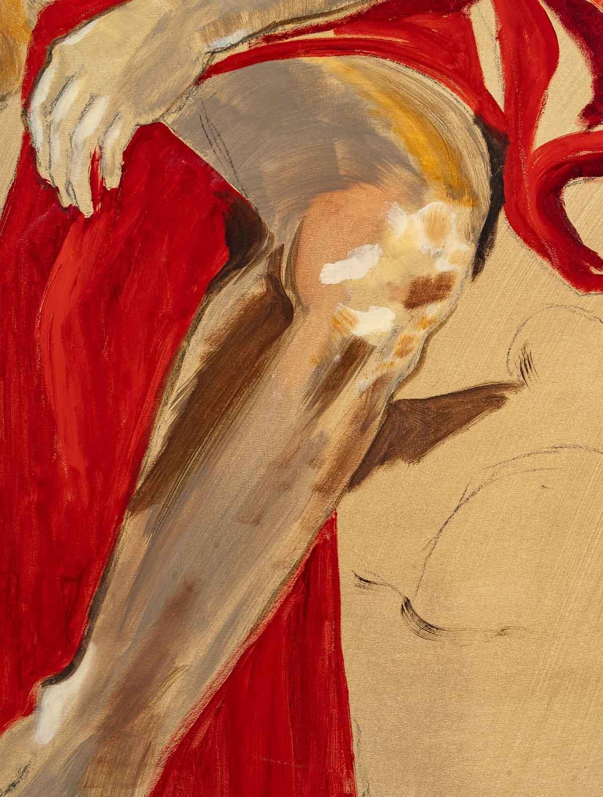 Peinture d'un homme, 20ème siècle
Grande peinture d'un homme à l'ancienne dans une cape rouge, 20e siècle, non signée, non encadrée.
H : 100 cm, L : 65 cm, P : 2,5 cm