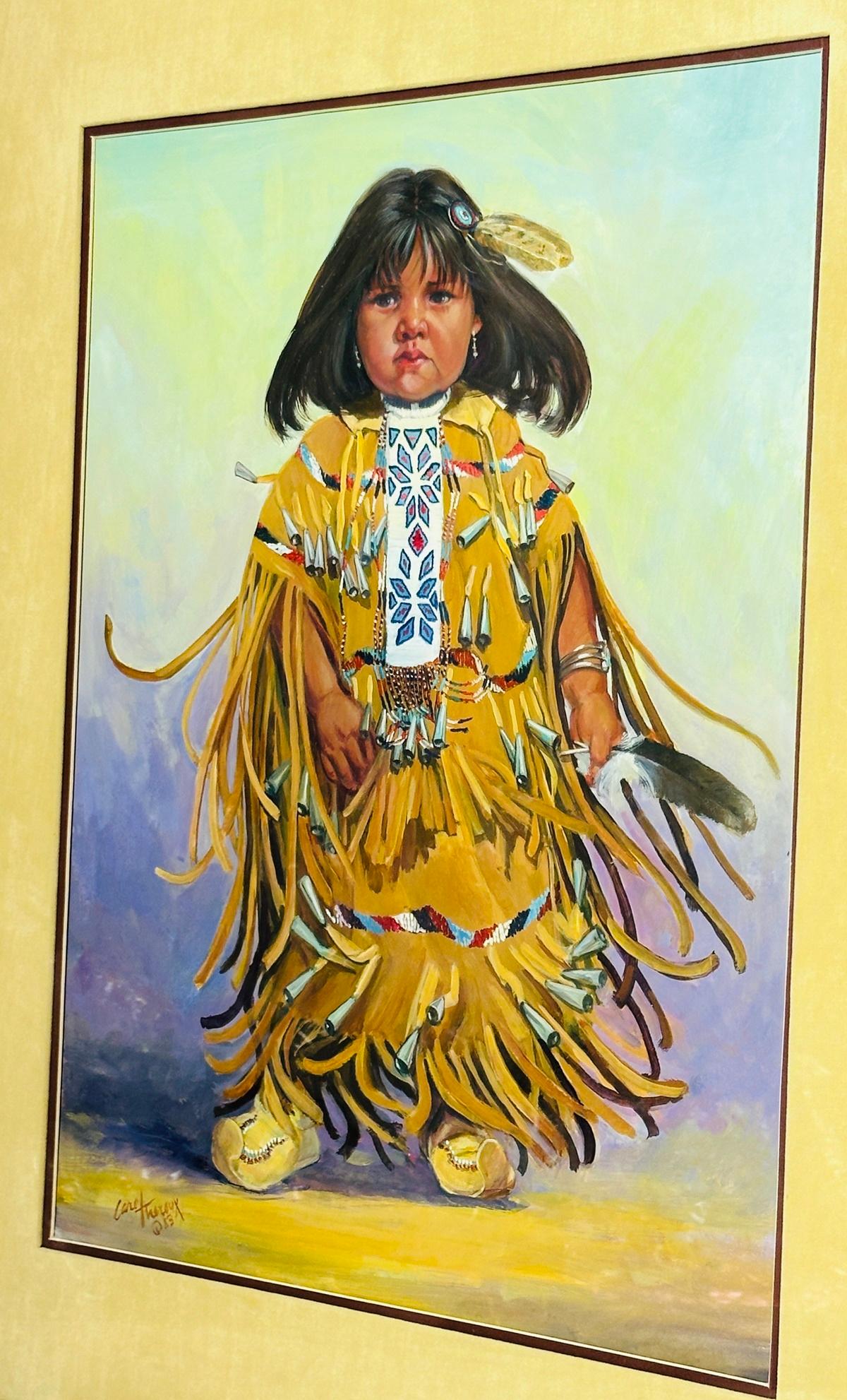Nord-américain Peinture d'un enfant amérindien par Carol Theroux, (1930-2021) datée de 83 en vente
