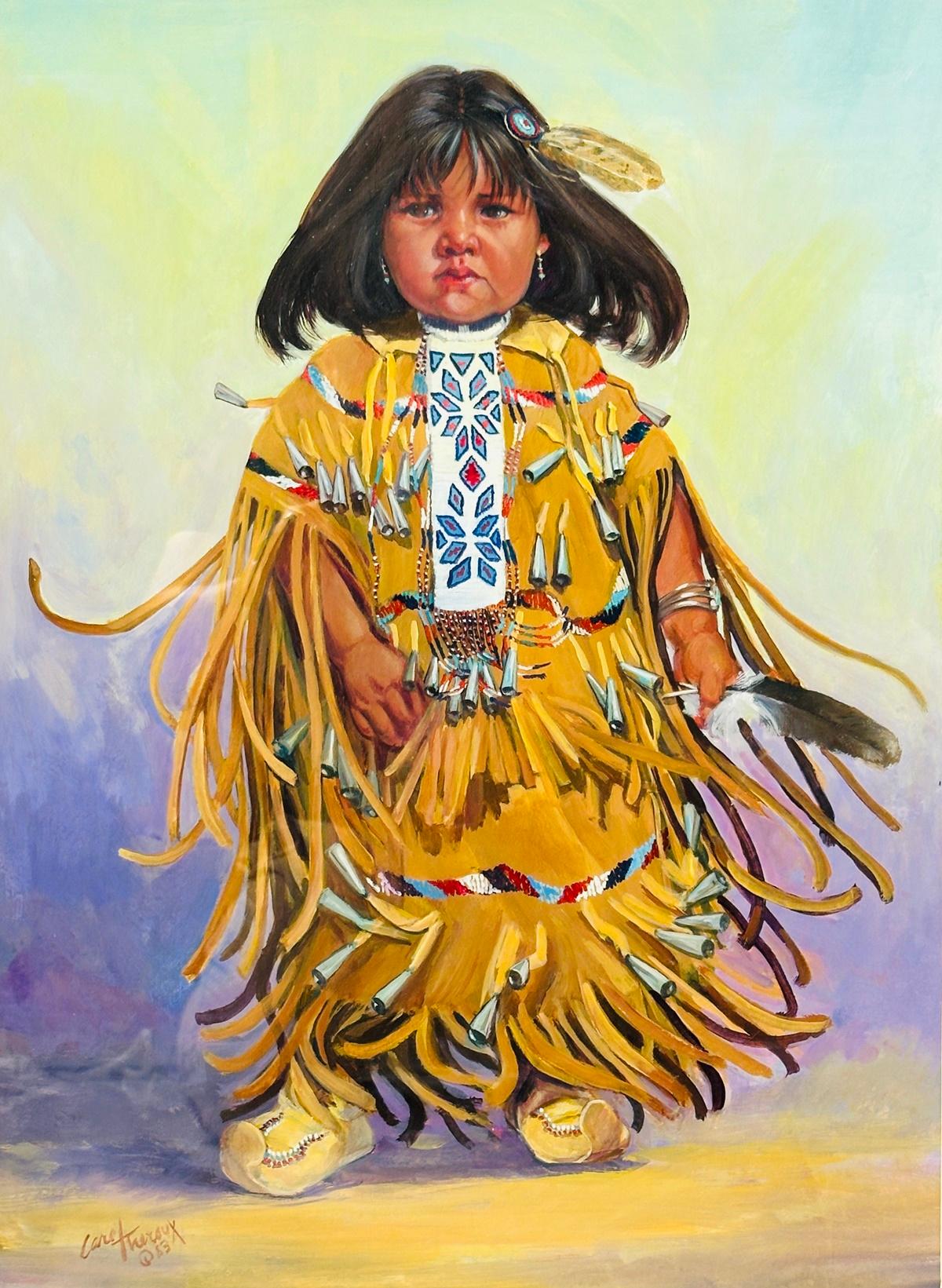 Painting of a Native American Child by Carol Theroux, (1930-2021) Dated 83 In Good Condition For Sale In Los Angeles, CA
