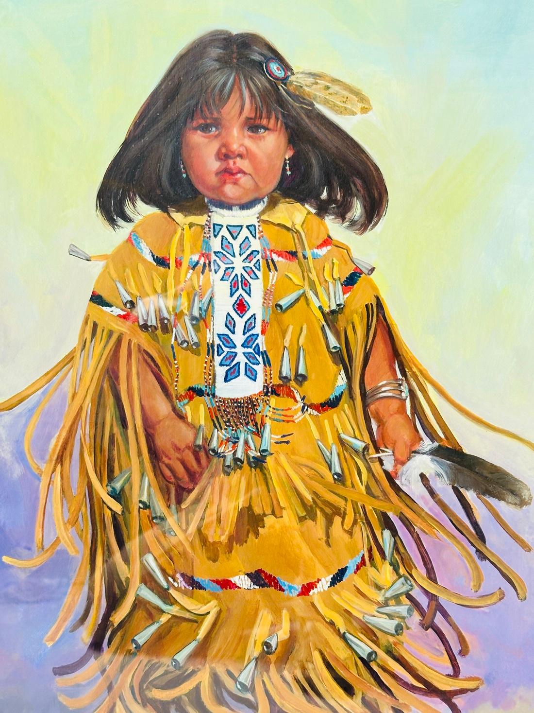 Acrylique Peinture d'un enfant amérindien par Carol Theroux, (1930-2021) datée de 83 en vente