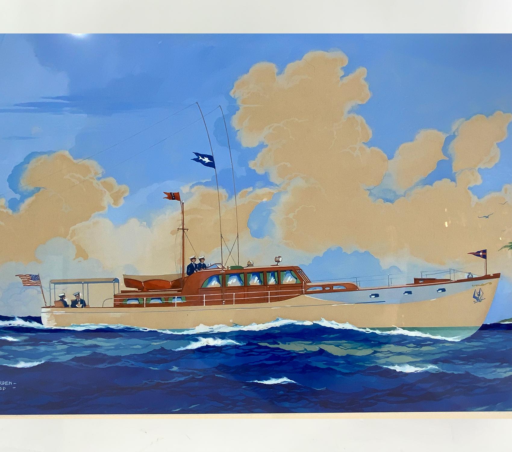 Gemälde einer Yacht unter der U-Bahn, New York Yacht Club (Handbemalt) im Angebot