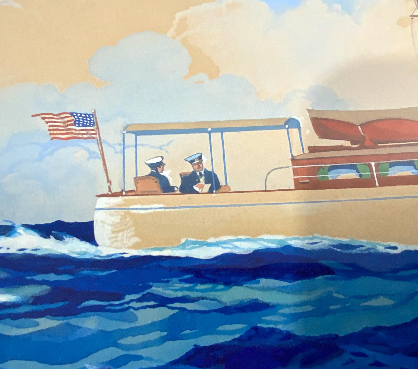 Gemälde einer Yacht unter der U-Bahn, New York Yacht Club (Mitte des 20. Jahrhunderts) im Angebot