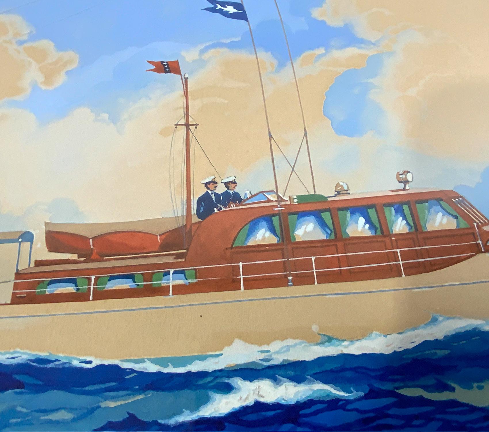 Gemälde einer Yacht unter der U-Bahn, New York Yacht Club (Leinwand) im Angebot