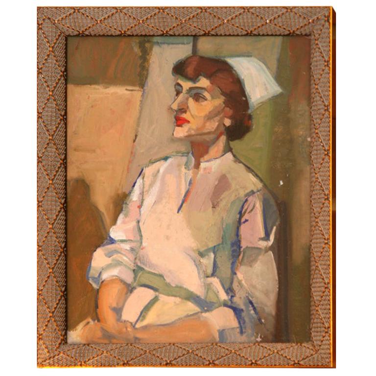 Painting of a Nurse, Midcentury, White, Cream and Green, circa 1950, Oil