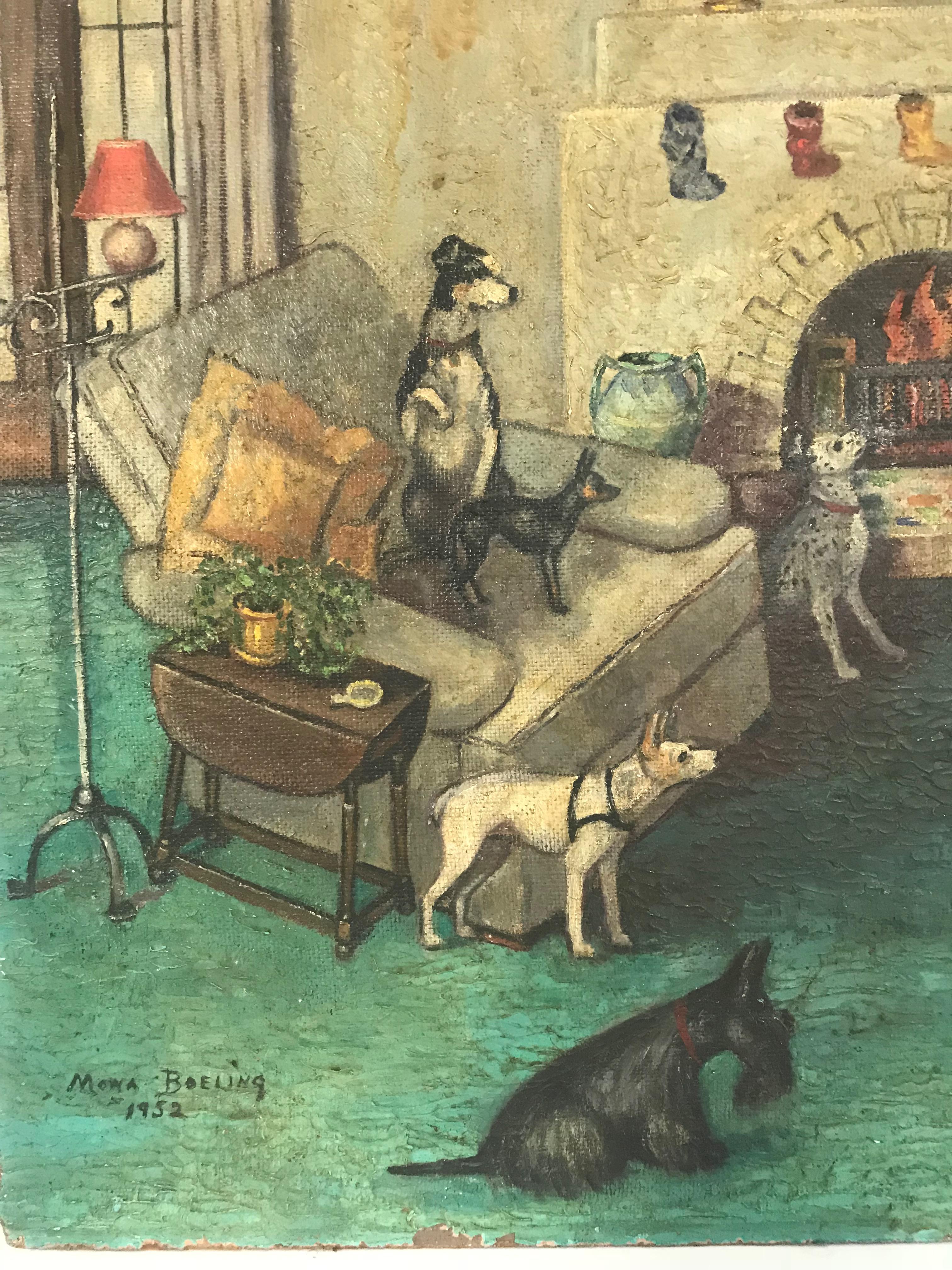 Mid-Century Modern Painting of a Pack of Dogs and a Small Santa on Christmas