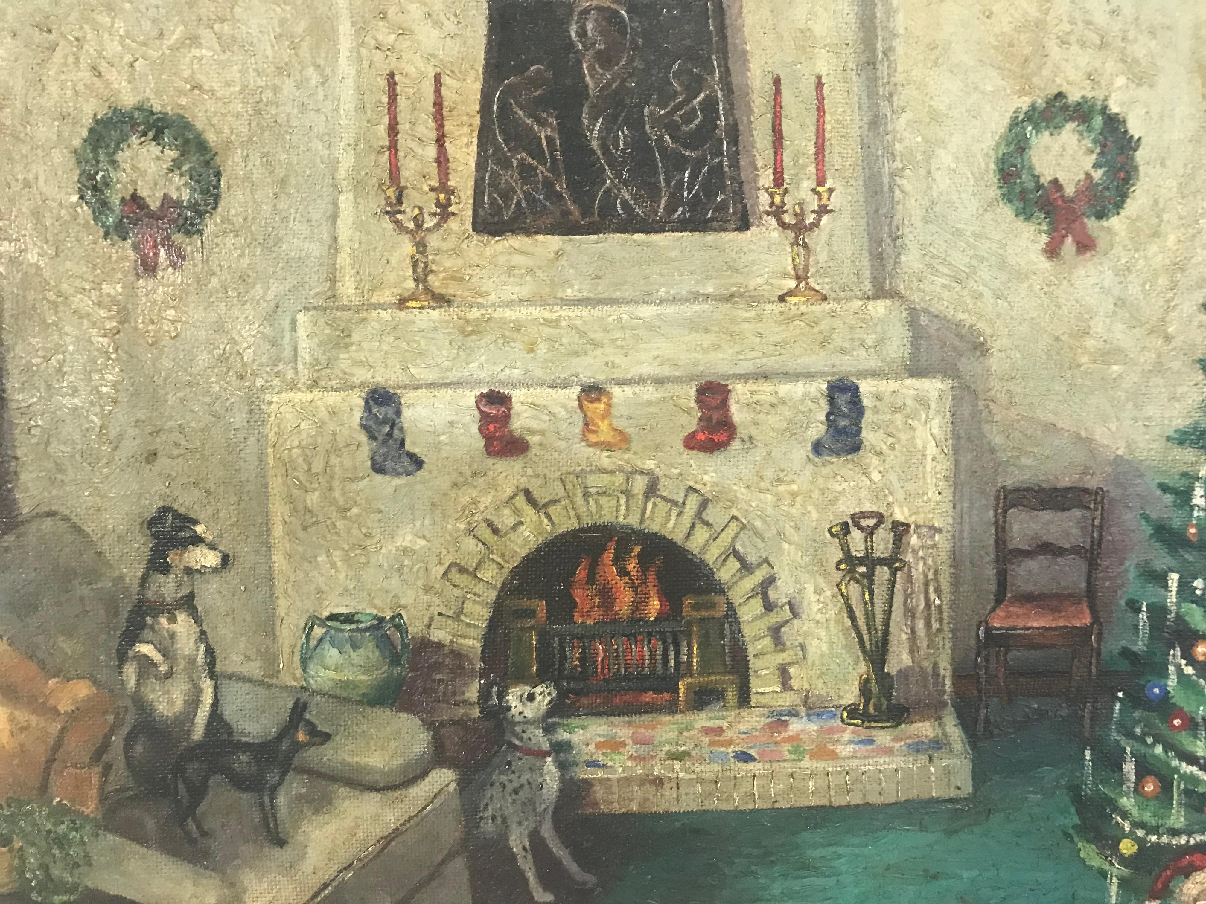 American Painting of a Pack of Dogs and a Small Santa on Christmas
