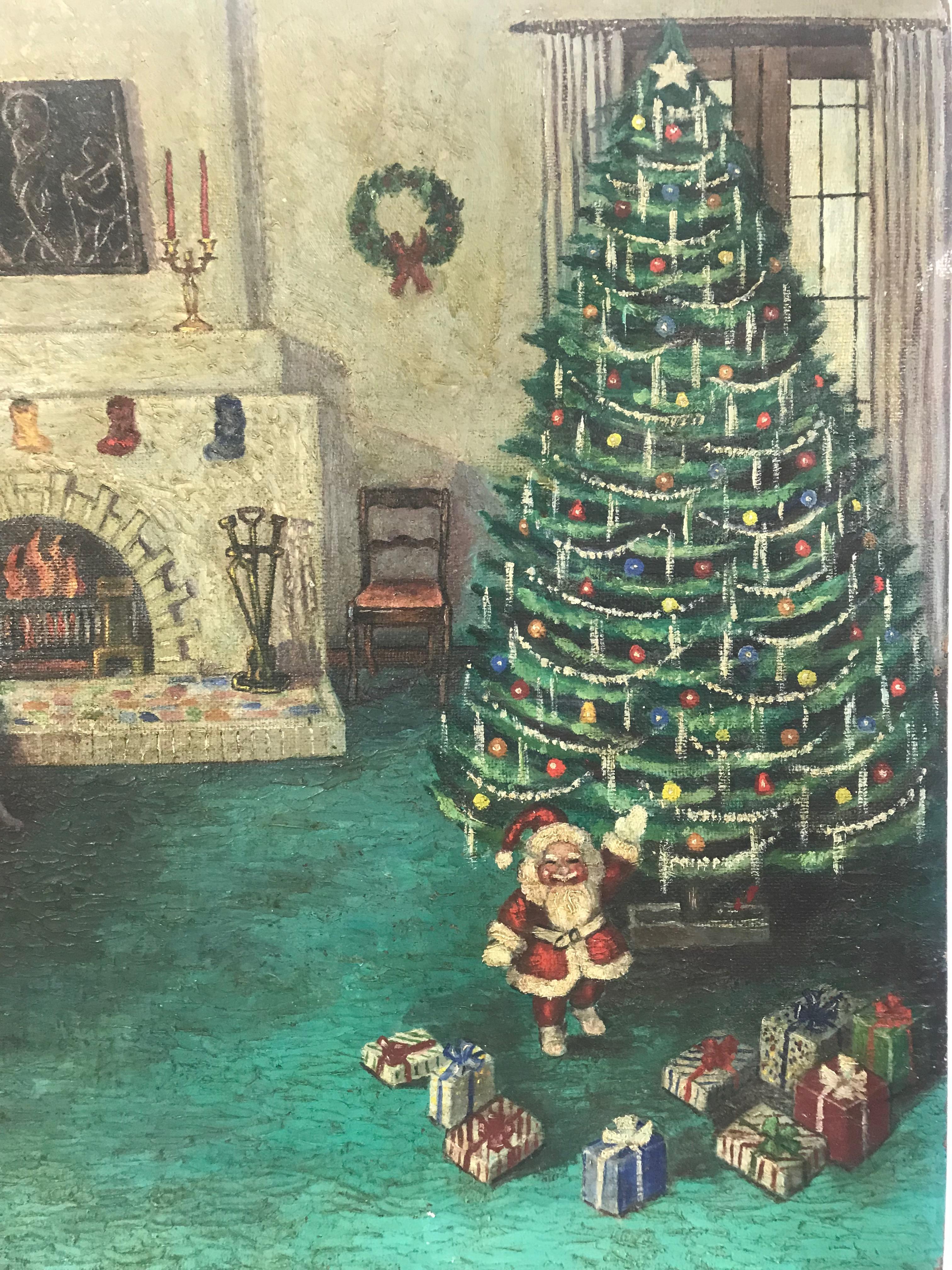 Painting of a Pack of Dogs and a Small Santa on Christmas In Fair Condition In Seattle, WA