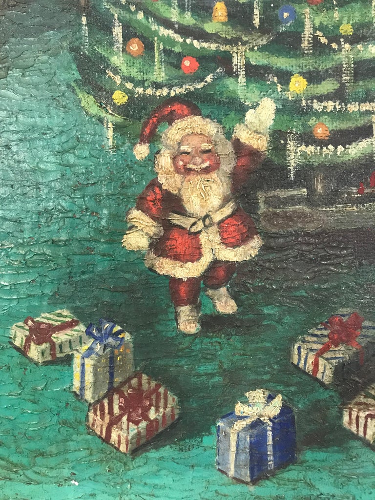 Painting of a Pack of Dogs and a Small Santa on Christmas at 1stDibs