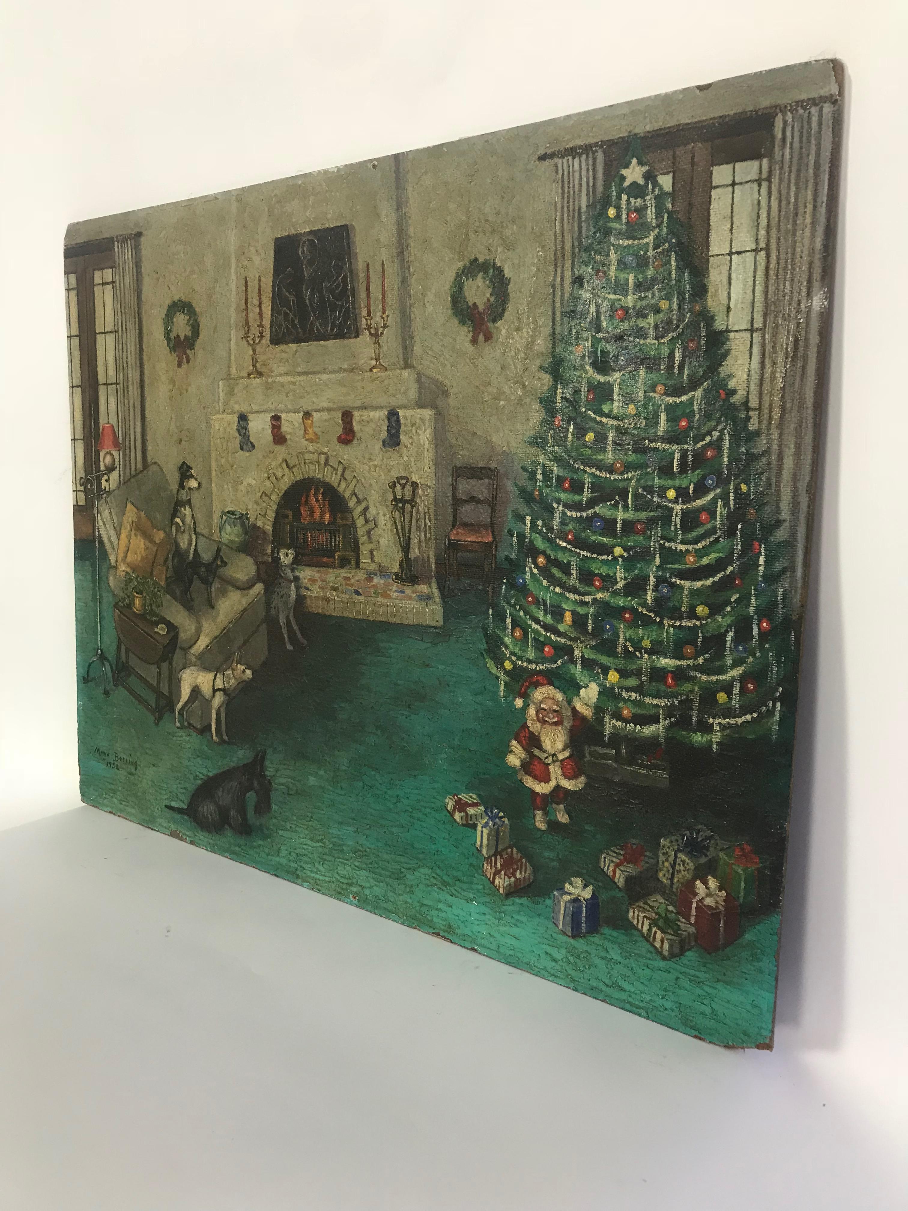 Masonite Painting of a Pack of Dogs and a Small Santa on Christmas