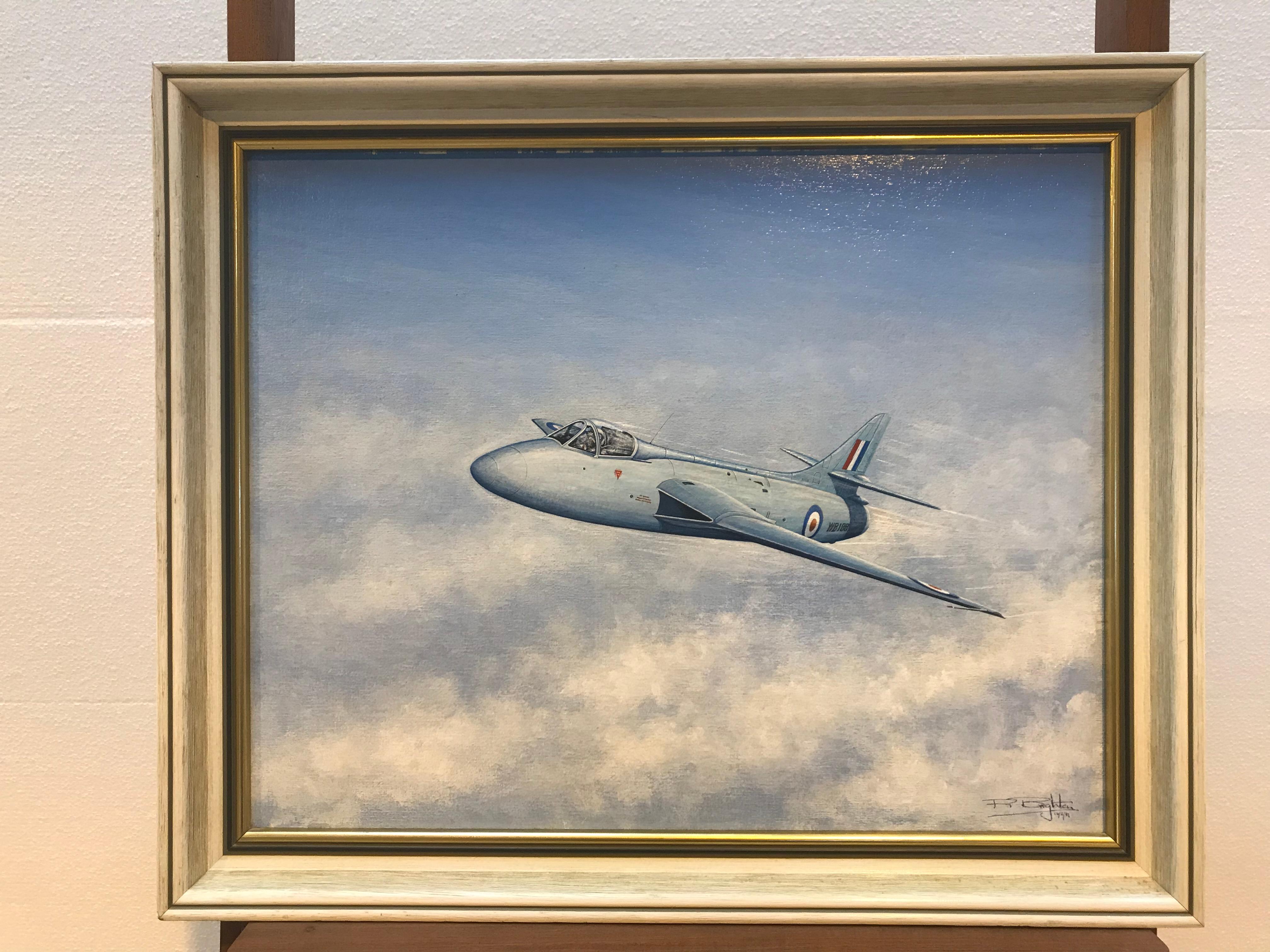 Painted by R Brighton. Original oil painting on board showing RAF Hawker Hunter in flight, signed and dated 16.02.81
WB188 in 1952 was the holder of the world air speed record for jet powered aircraft at 727.63 mph.
Framed, overall very good
