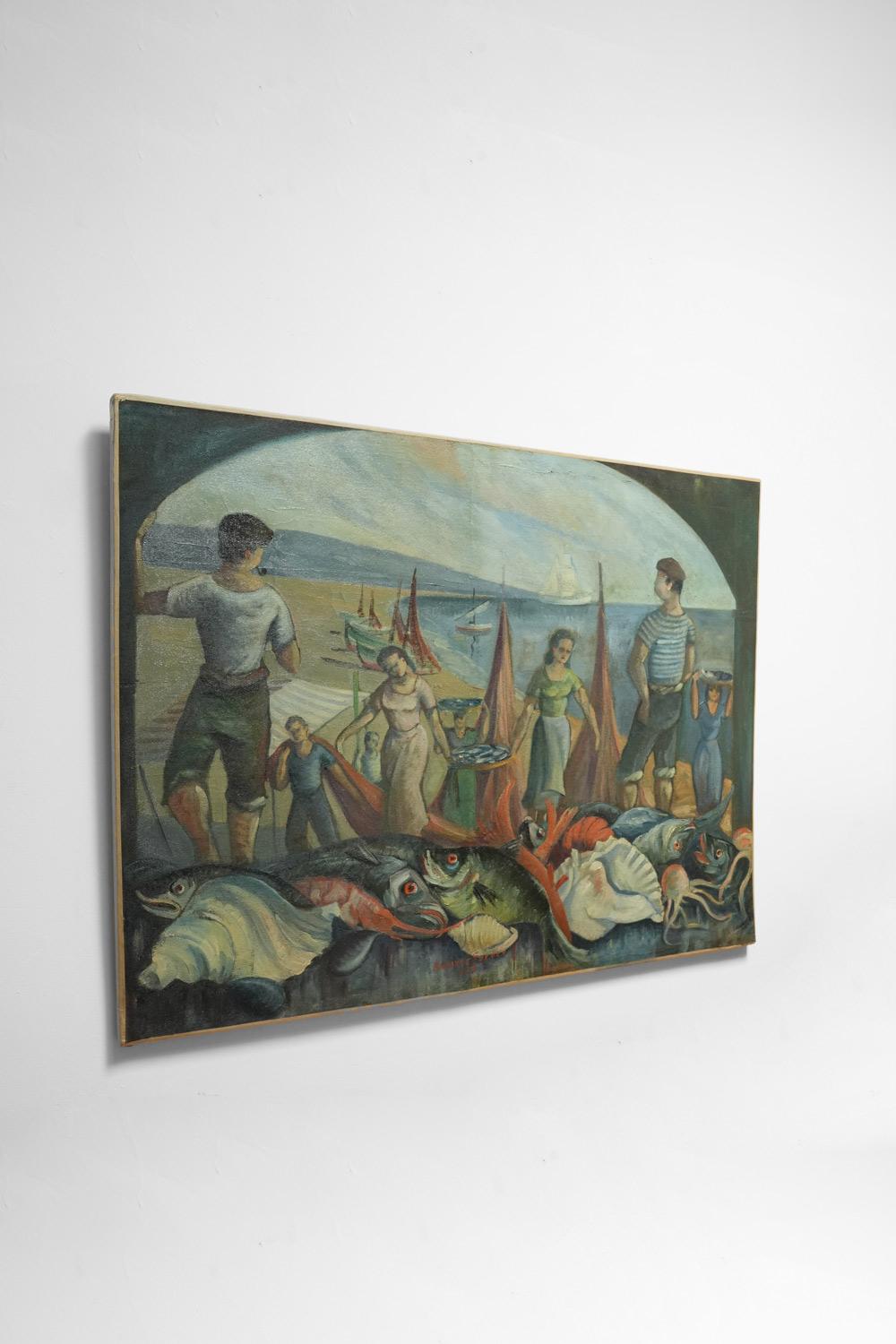 Oil on canvas representing fishermen returning from fishing and bringing fish to a table in the foreground covered with fish in the style of a still life. France, 1930s.
