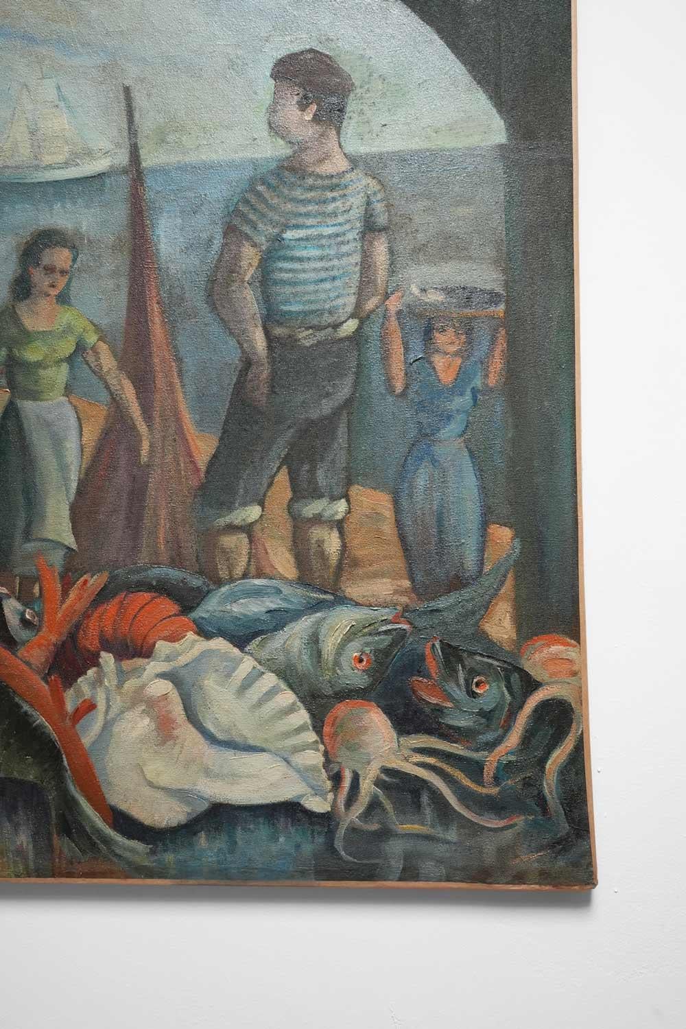Space Age Painting of a return from fishing, 1930s. For Sale