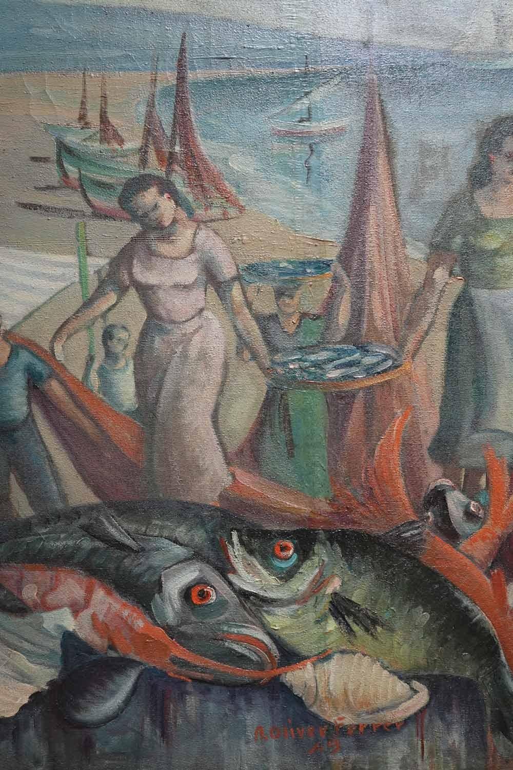 French Painting of a return from fishing, 1930s. For Sale