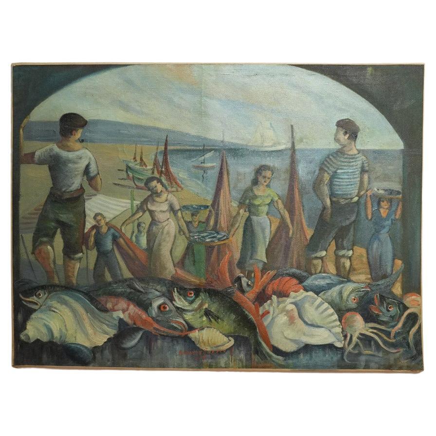 Peinture d'un retour de la pêche, années 1930.