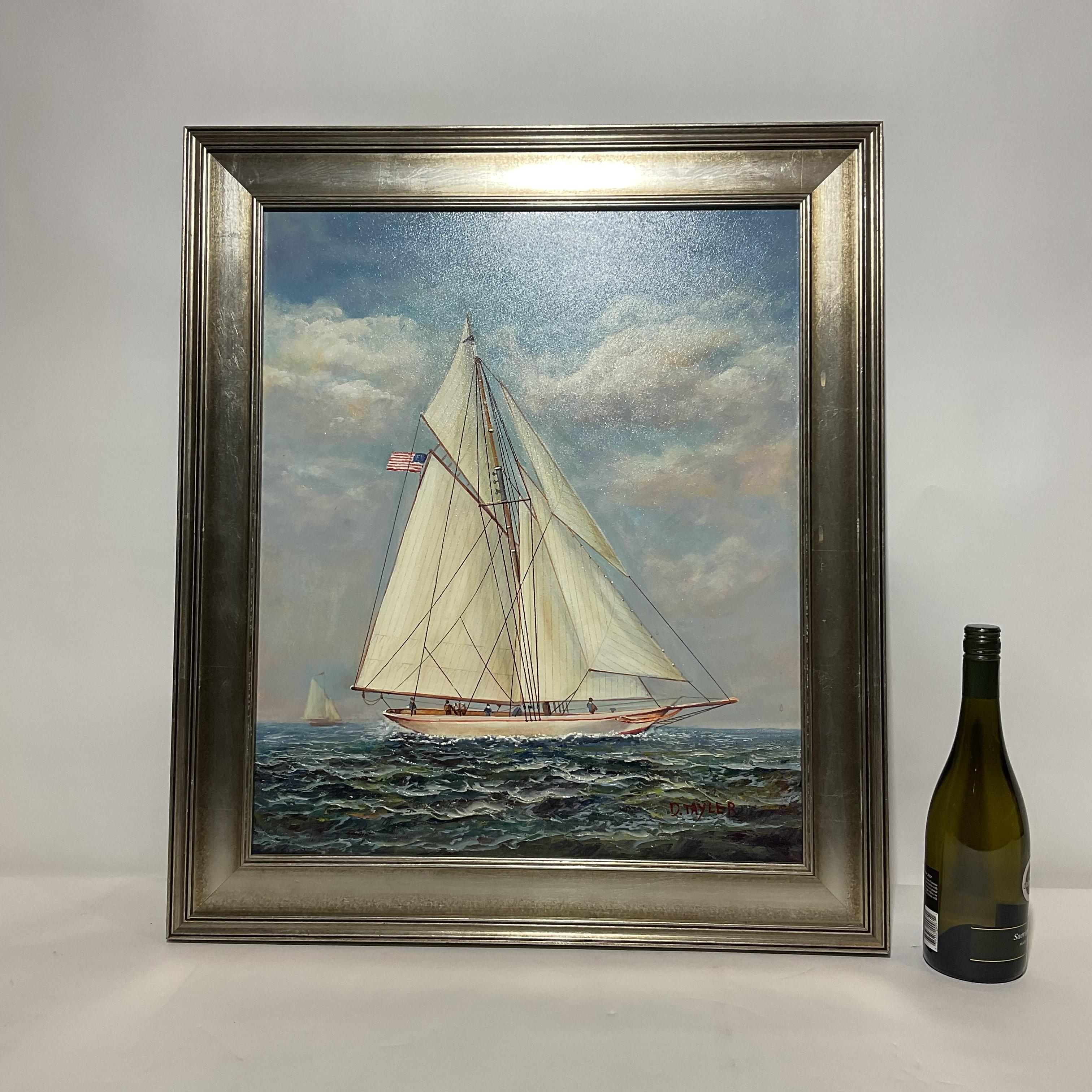 Oil on canvas nautical painting showing a gaff-rigged sailing yacht with a full suit of sails cruising through moderate seas with people on deck. Wood frame. Signed D. Tayler, lower right.

Weight: 8 lbs
Overall Dimensions: 30