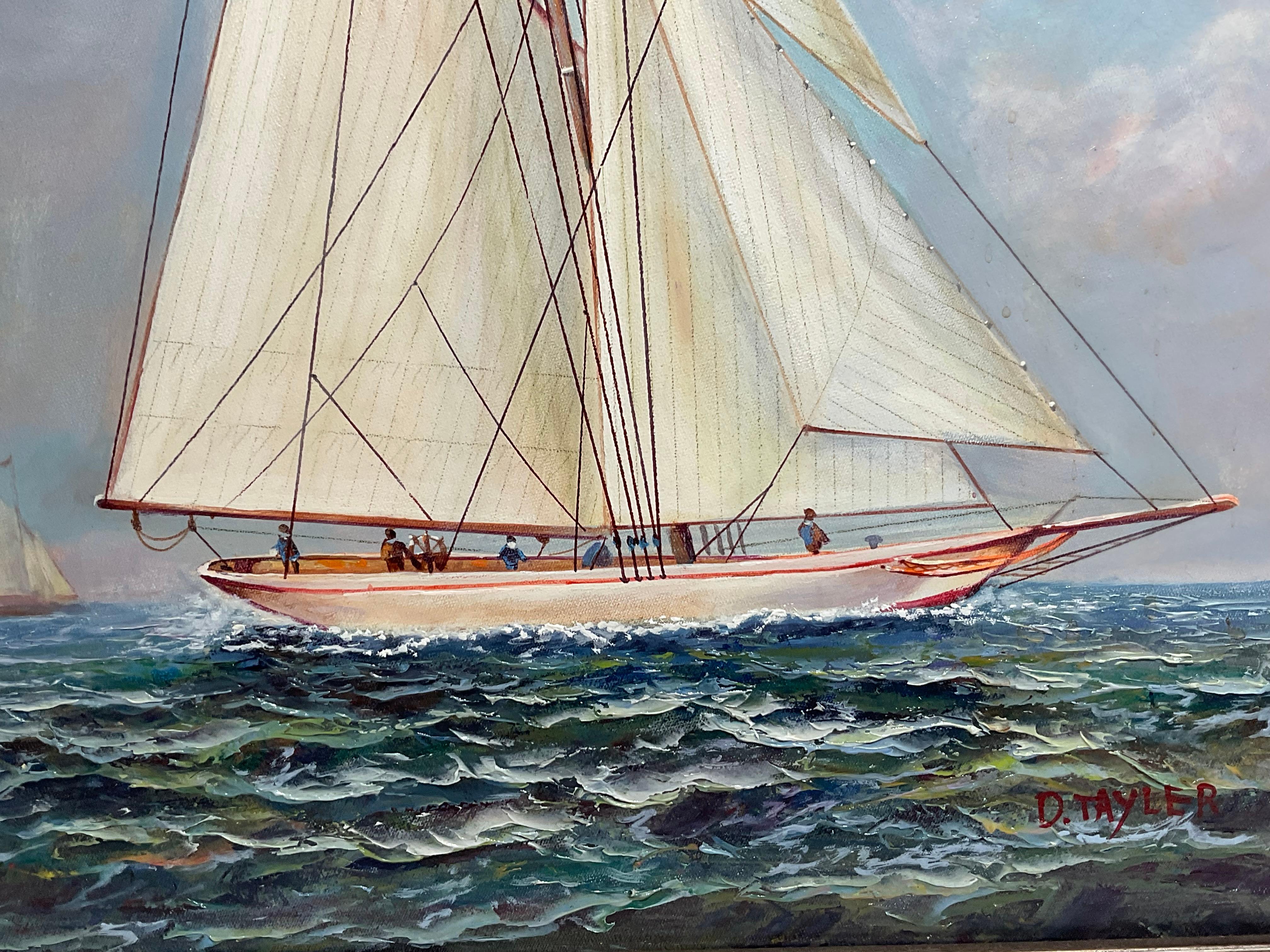 Painting of a Sailing sloop By D. Tayler In Good Condition For Sale In Norwell, MA