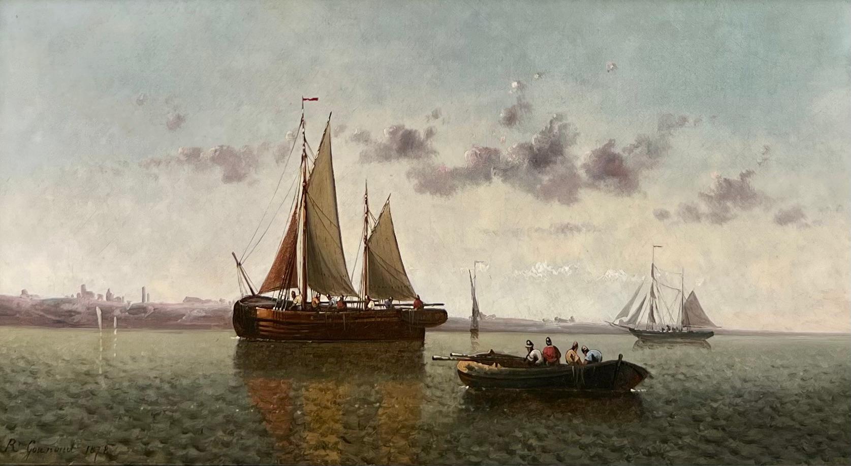 Victorian Painting of a Ships in a Calm Harbor 19th Century