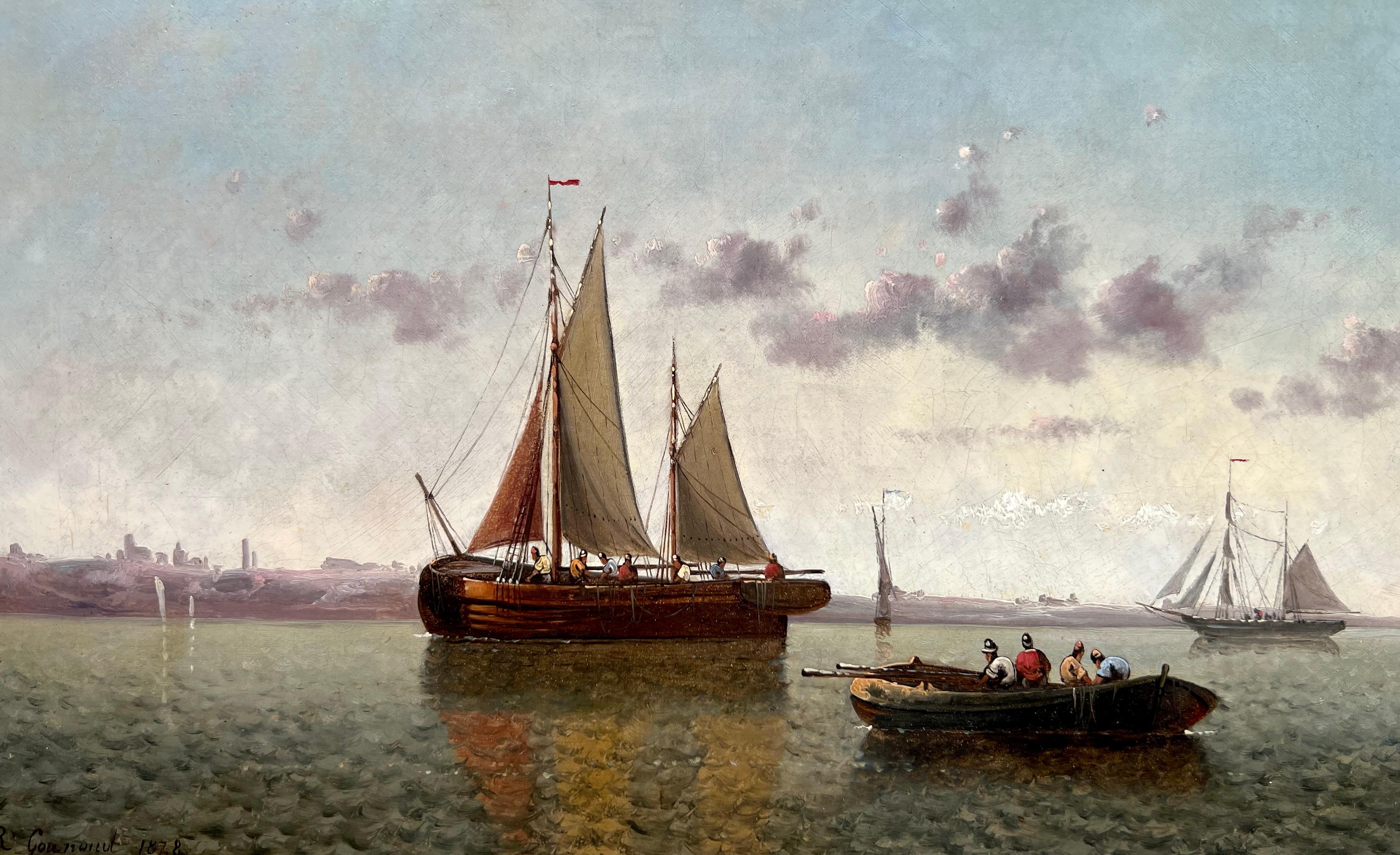 Painting of a Ships in a Calm Harbor 19th Century In Excellent Condition In Wiscasset, ME