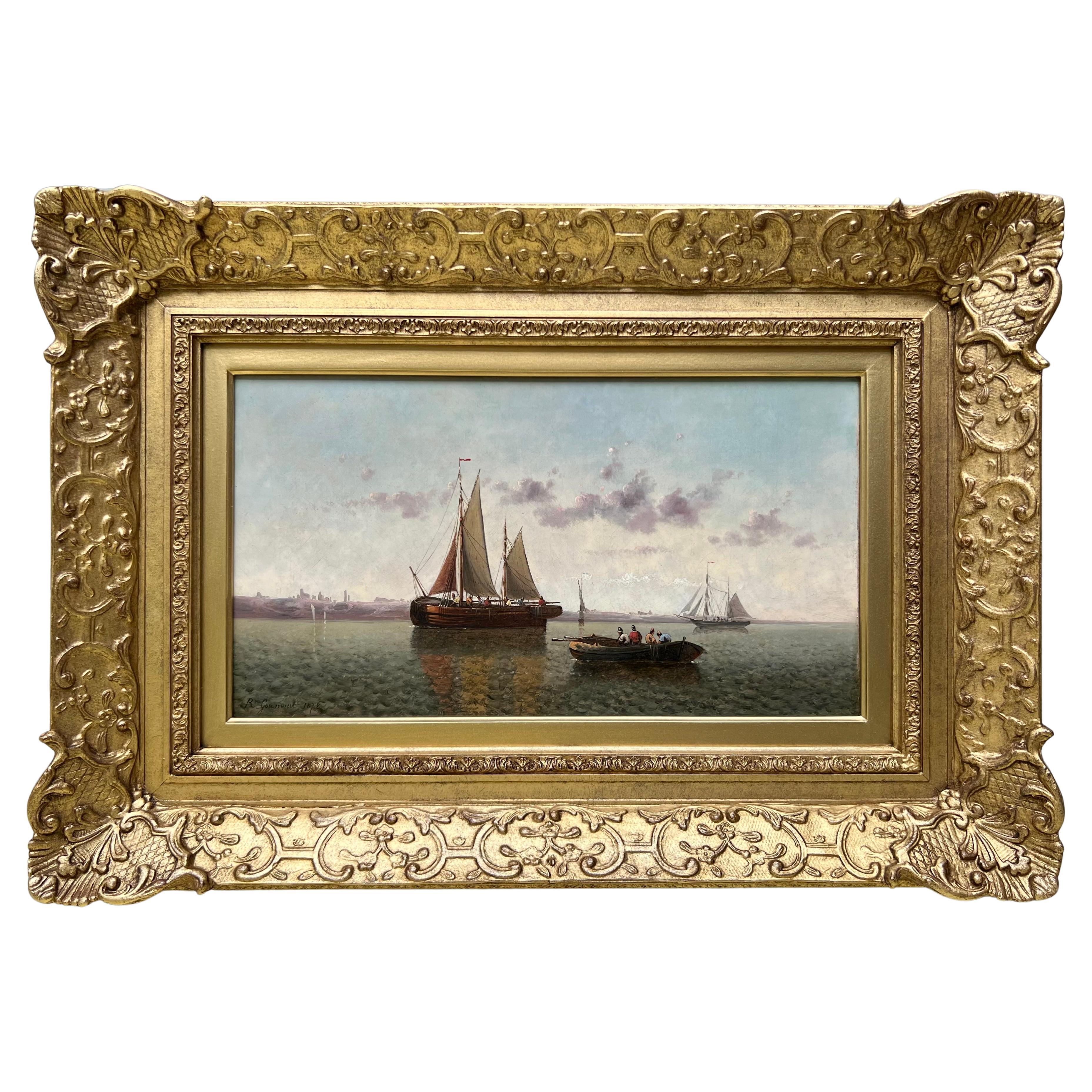 Painting of a Ships in a Calm Harbor 19th Century