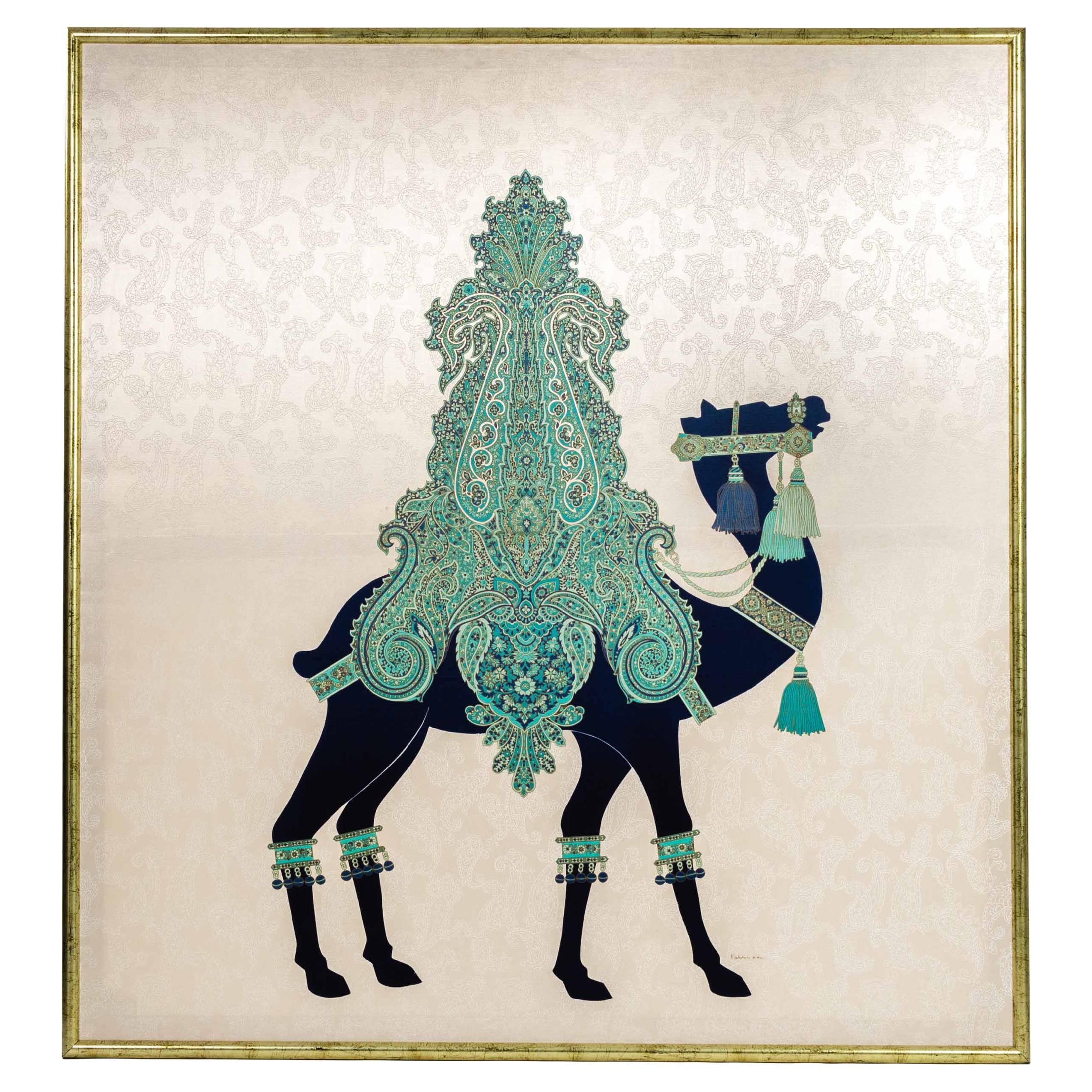 Painting of a Stylized Oriental Camel By Fabbriziani and Calandra Italy 1970s For Sale