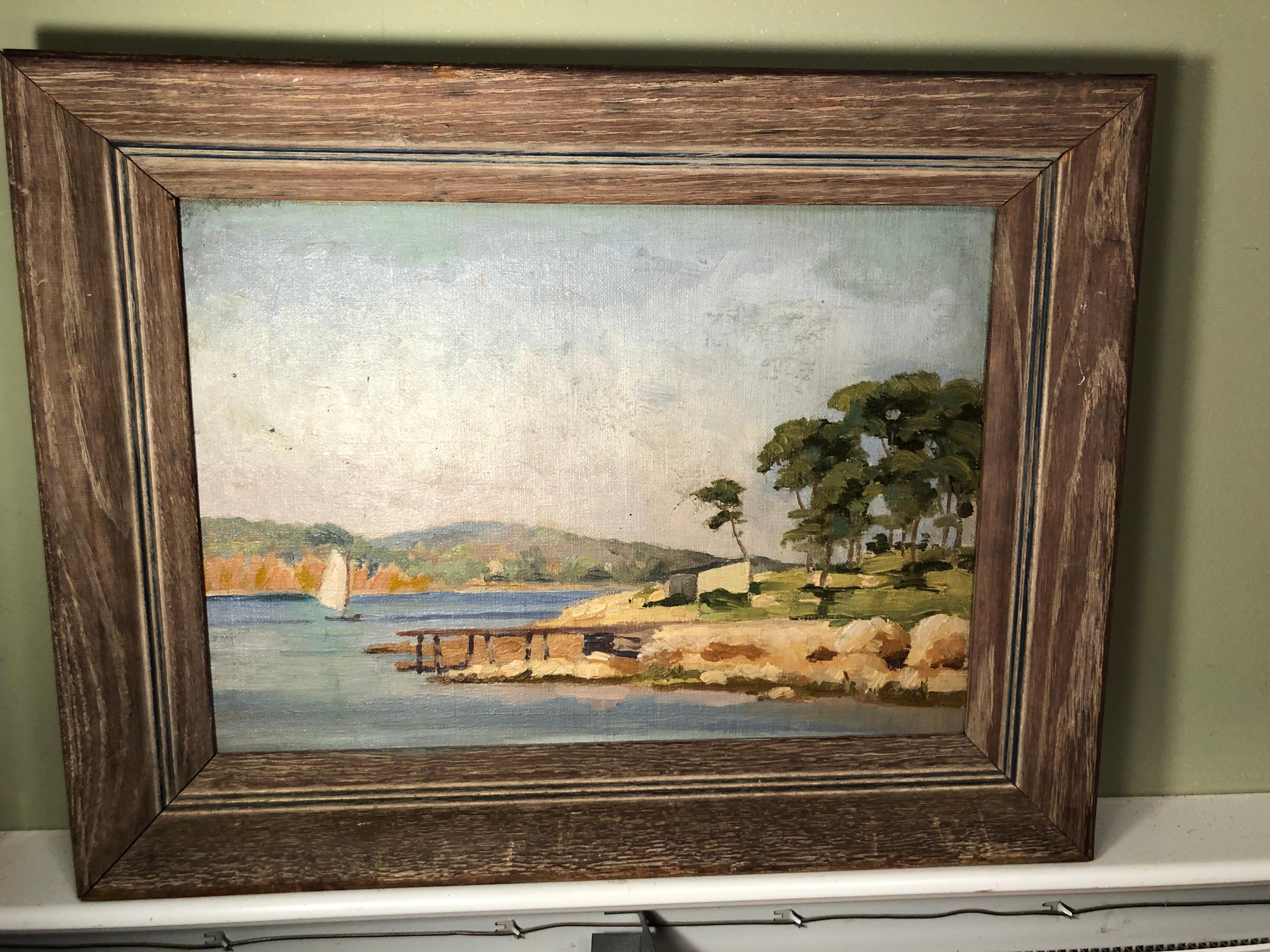 Painting of a tropical coastal scene. Oil on canvas with solid wooden frame.