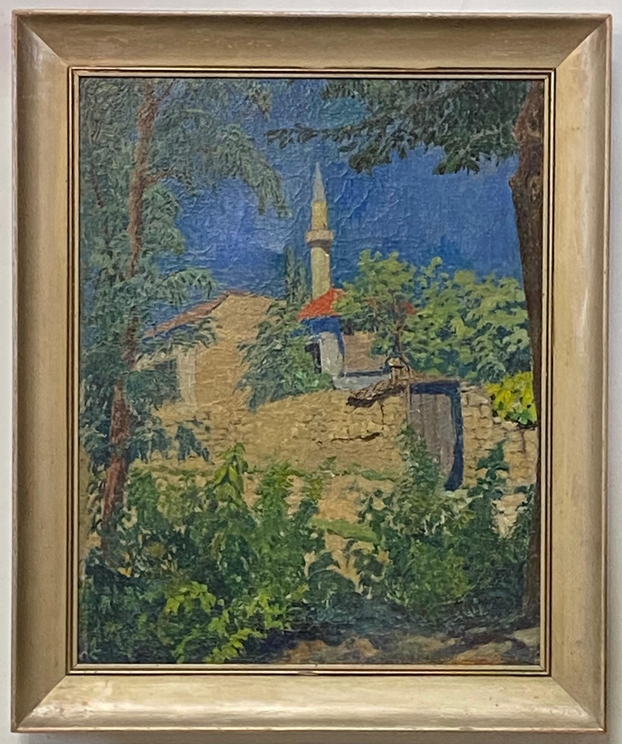 A beautifully painted landscape scene with a Turkish Minaret . 
Oil on canvas in wood frame, unsigned.
This painting has been re-lined and appears to have been reduced in size (possibly the reason there is not a signature).
Most likely painted by