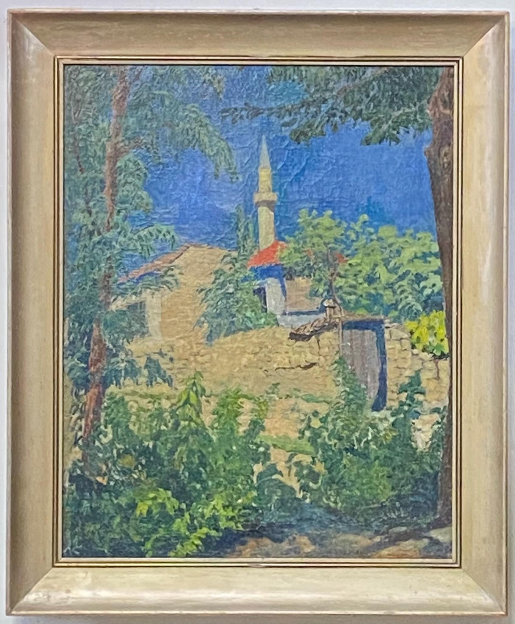 Hand-Painted Painting of a Turkish Islamic Minaret, Early 20th Century For Sale