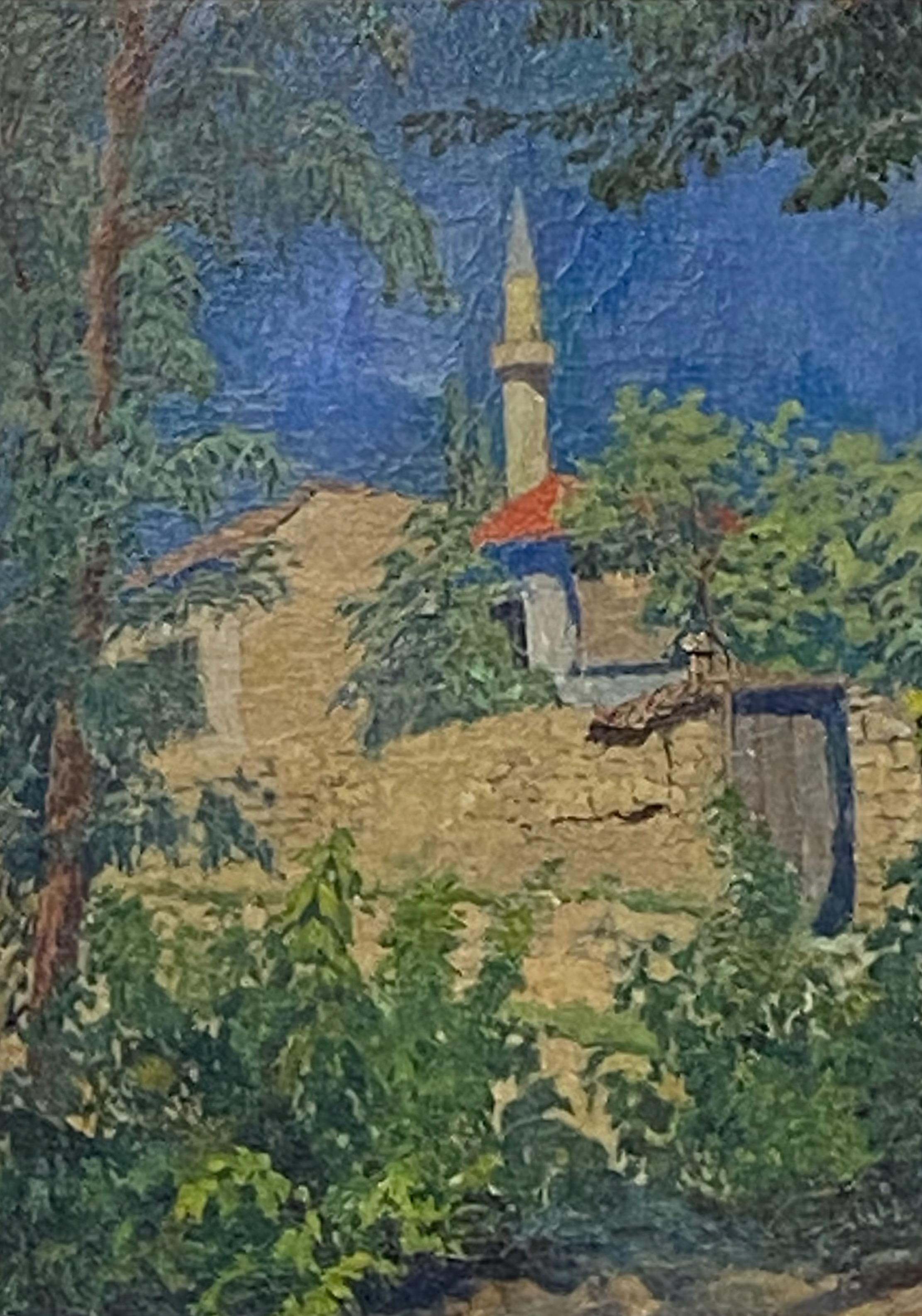 Painting of a Turkish Islamic Minaret, Early 20th Century In Good Condition For Sale In San Francisco, CA
