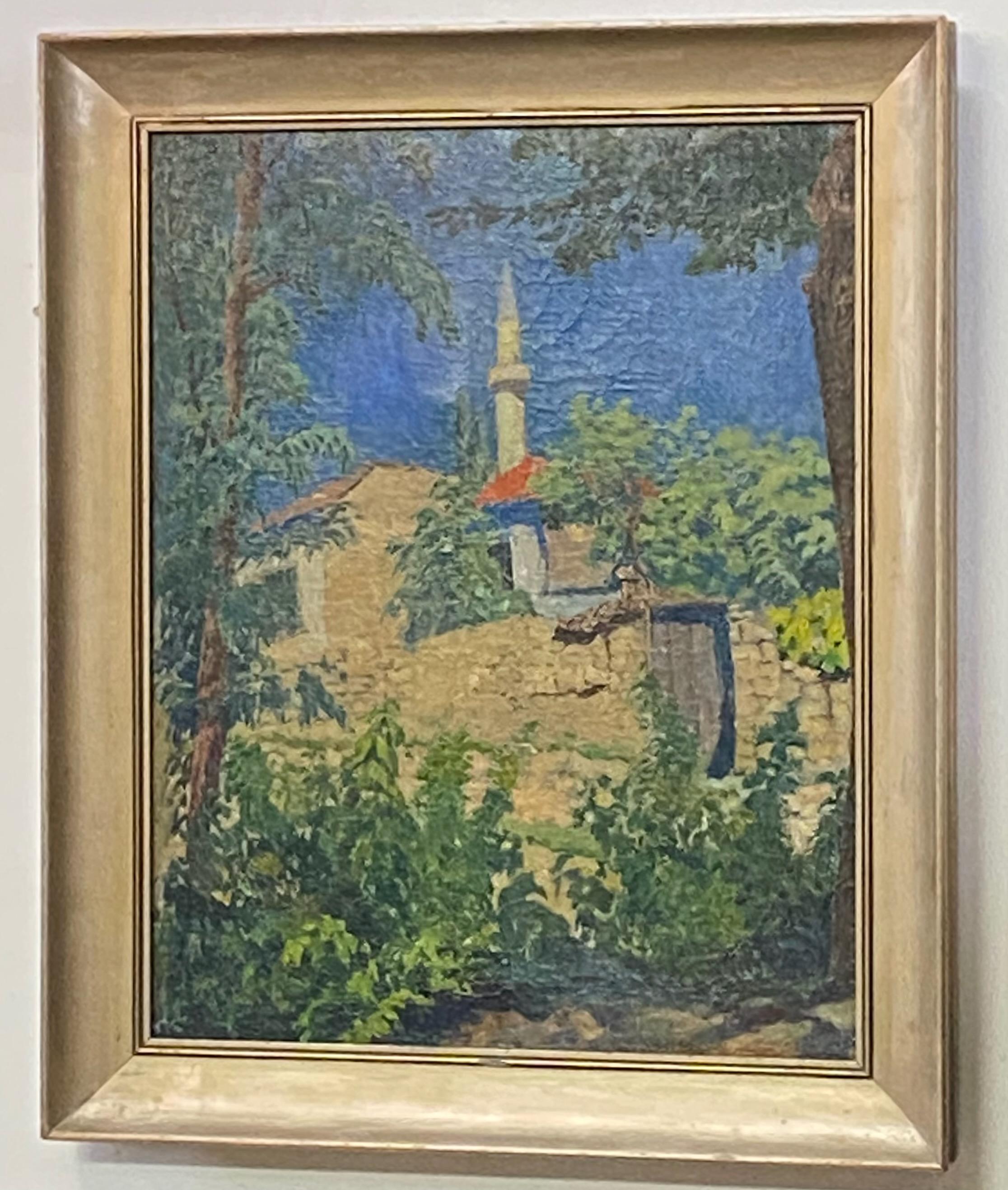 Canvas Painting of a Turkish Islamic Minaret, Early 20th Century For Sale