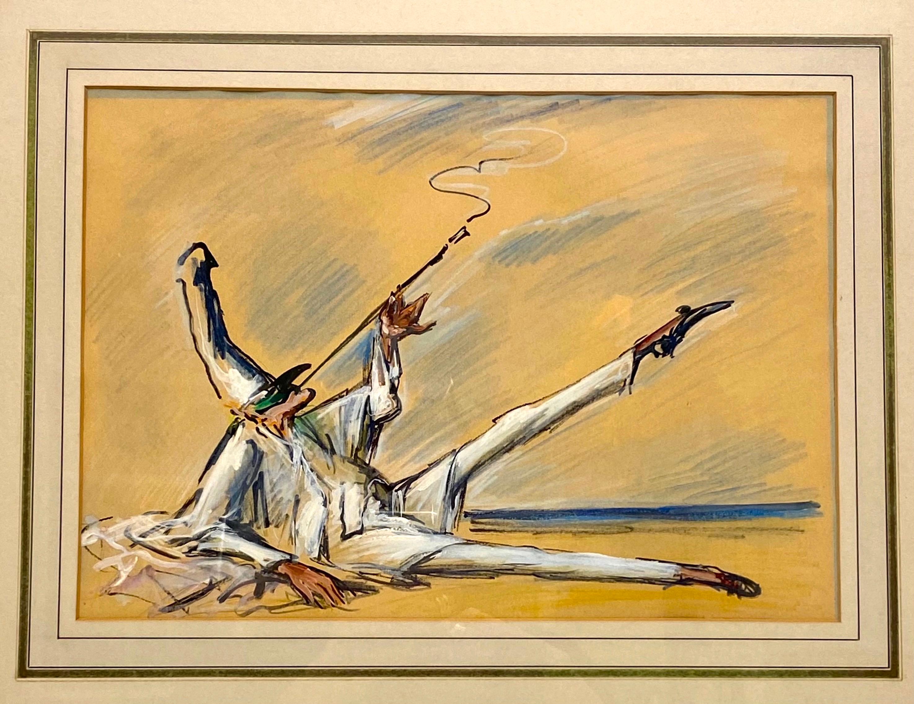Ok this is so fun and whimsical yet beautifully done. A figure coming back from a Venetian ball having a dramatic smoke in his costume and mask. Note his cigarette holder and pointed toe are in sync! Most likely gouache or watercolor with oil stick