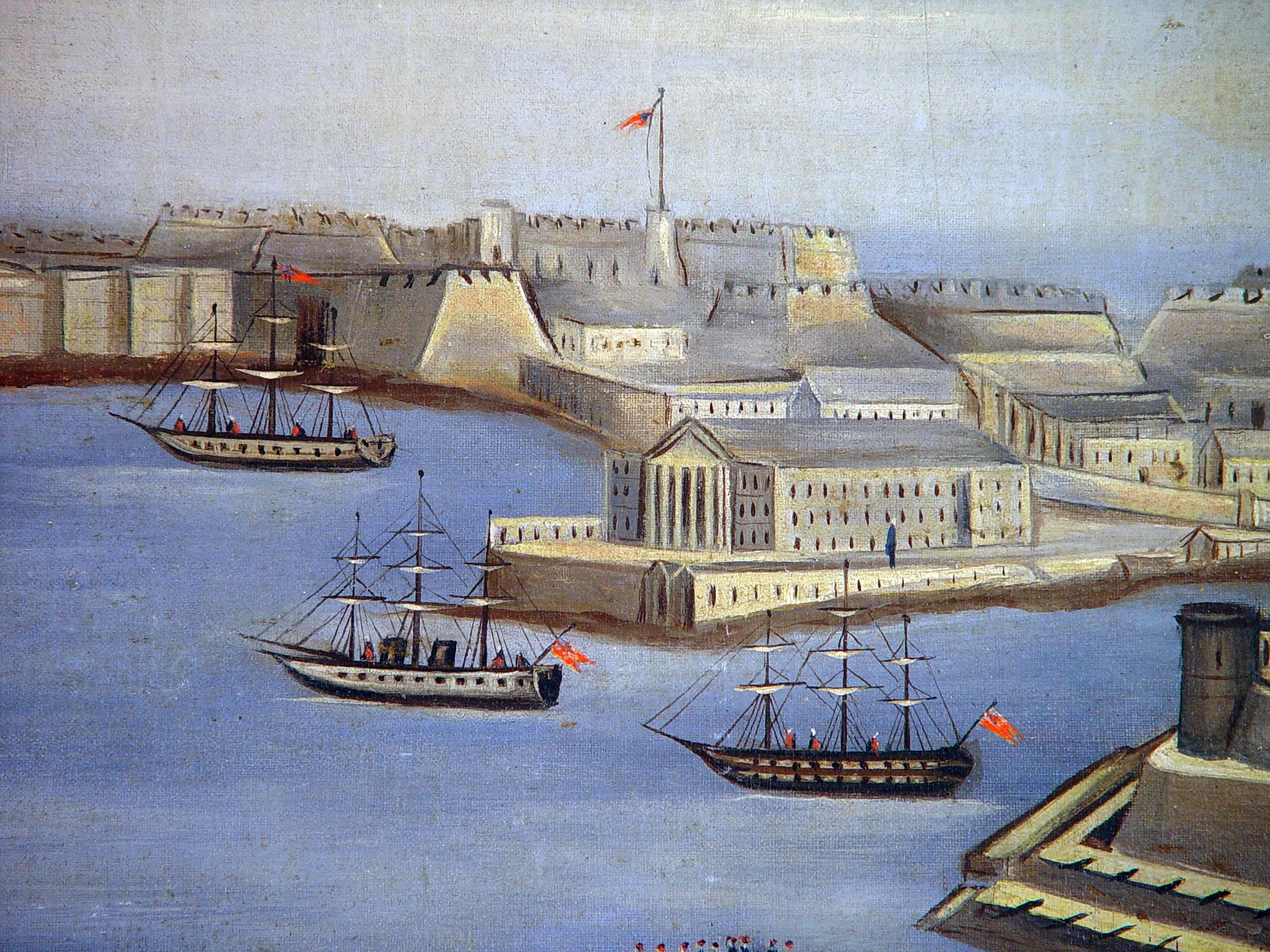 Großes Port-Szene-Gemälde einer Ansicht des Hafens von Valletta, Malta (Maltesisch) im Angebot