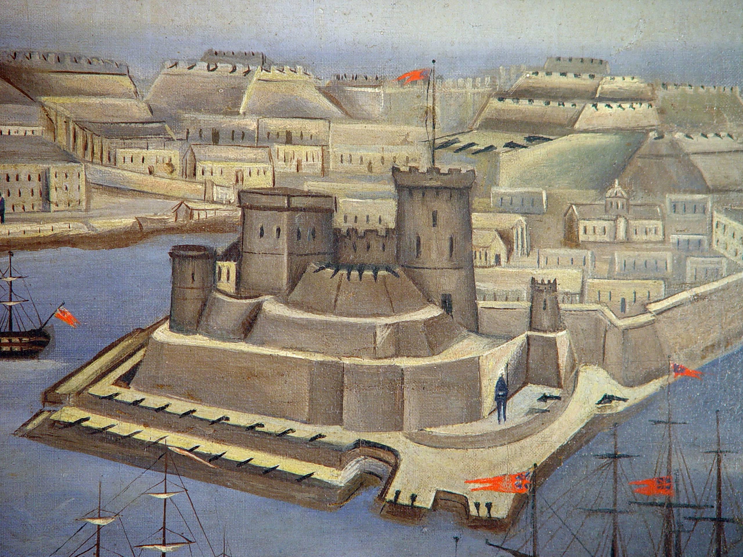 Großes Port-Szene-Gemälde einer Ansicht des Hafens von Valletta, Malta im Zustand „Gut“ im Angebot in Downingtown, PA