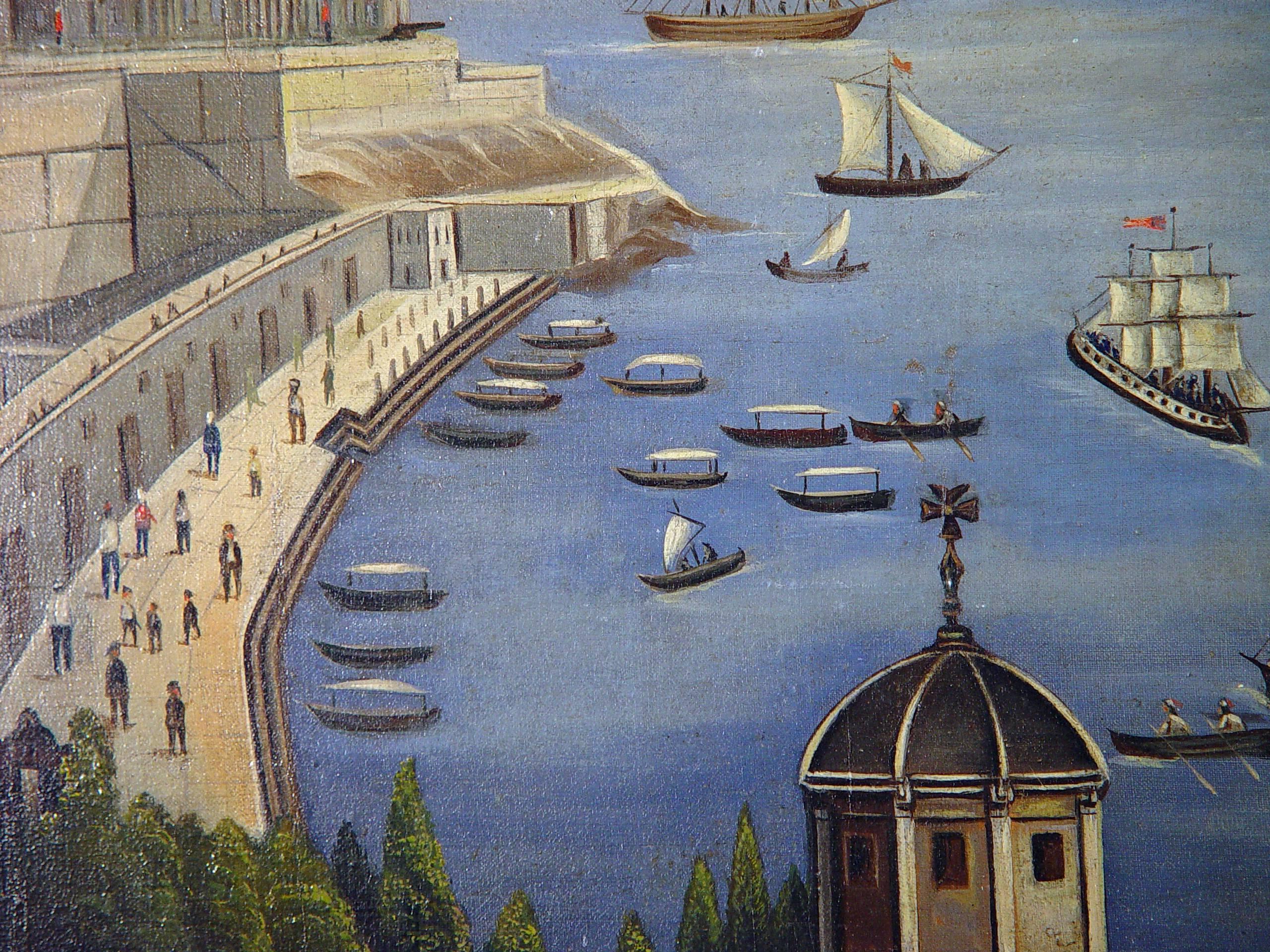 Peinture Grande peinture de port d'une vue du port de Valletta, Malte en vente