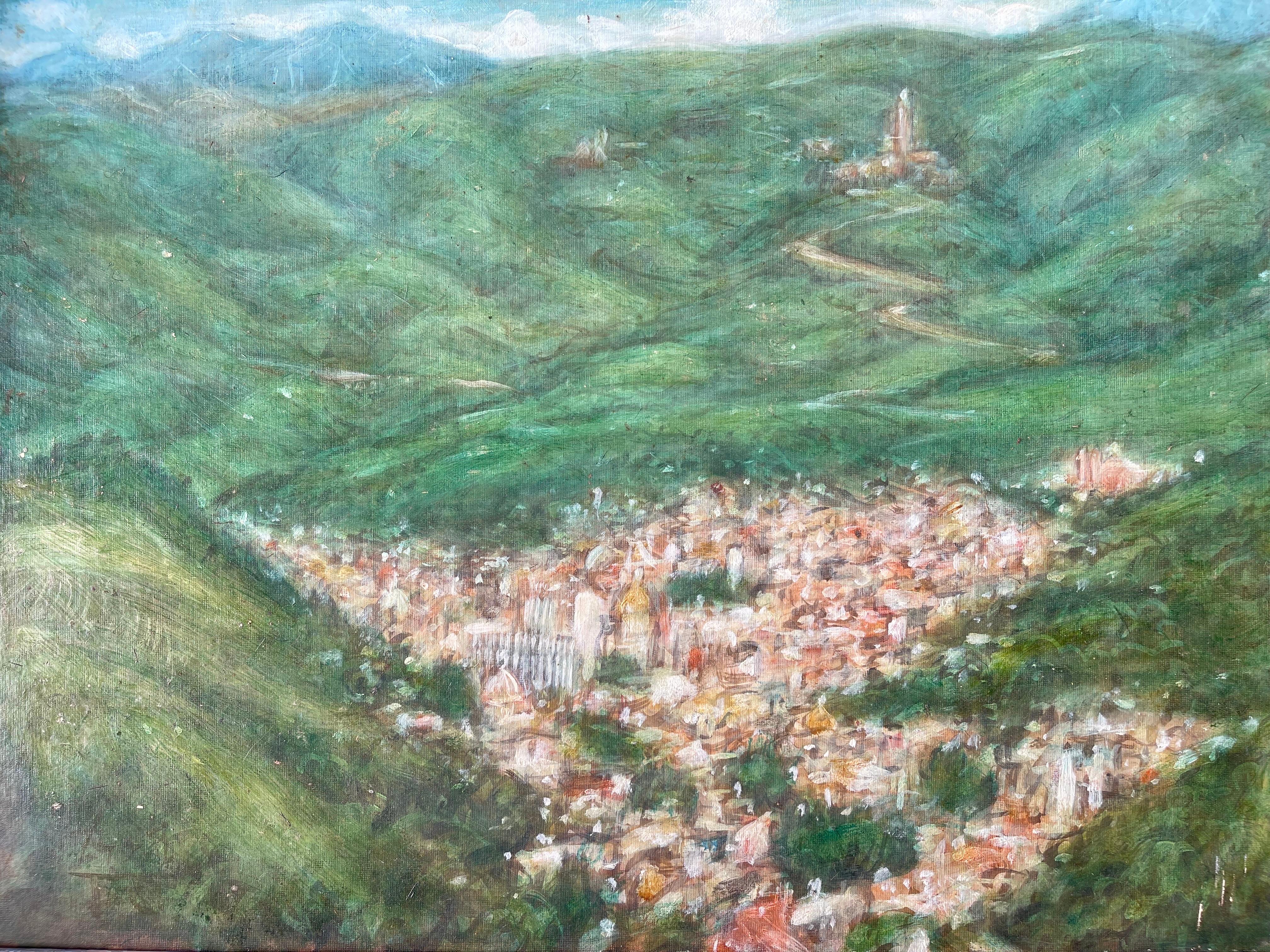 Pintura de un pueblo en las montañas siglo XX en venta