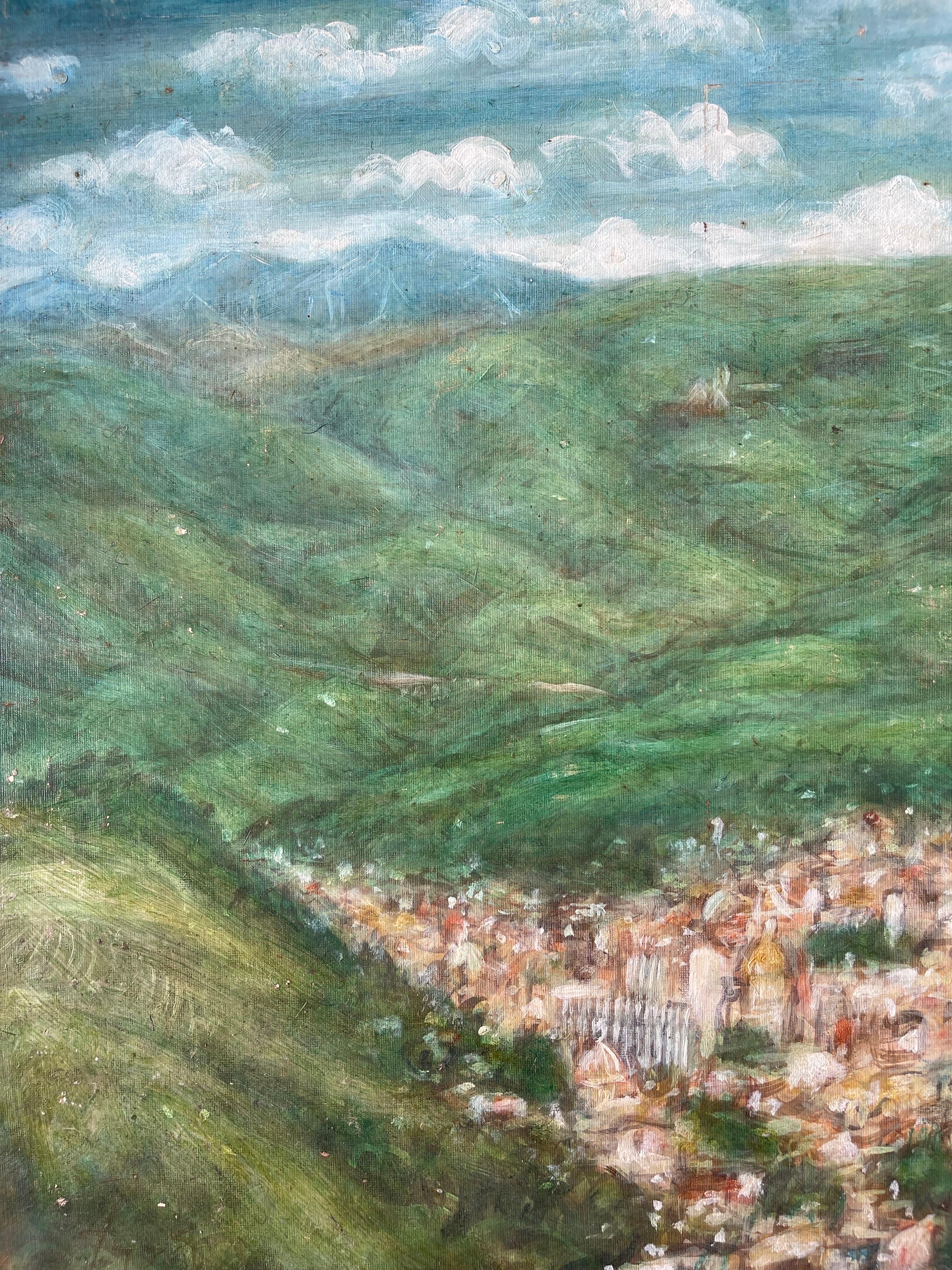 Pintura de un pueblo en las montañas Madera en venta